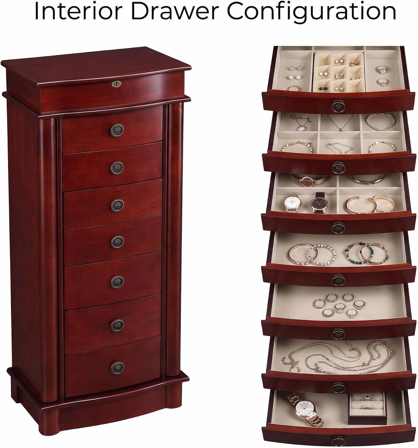 Hives and Honey Nora Jewelry Armoire Cabinet with Mirror – 7 Drawers, Locking Top, Necklace Hooks, Anti-Tarnish Felt – Traditional Standing Jewelry Organizer for Women, Cherry