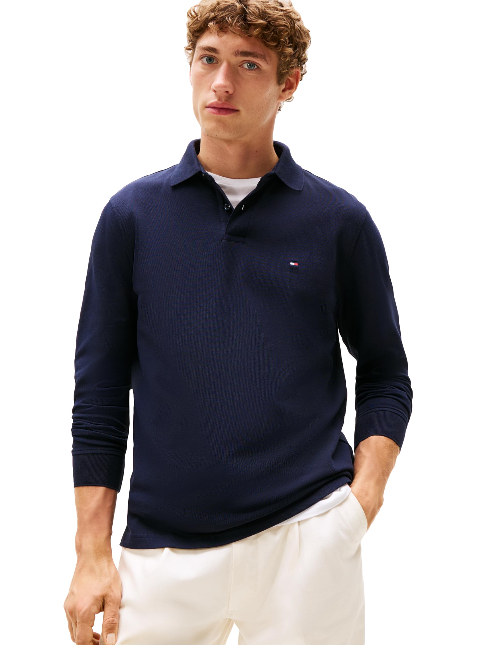 Tommy Hilfiger Men's Long Sleeve Polo Shirts in Regular Fit with Stretch and Organic Pique Cotton