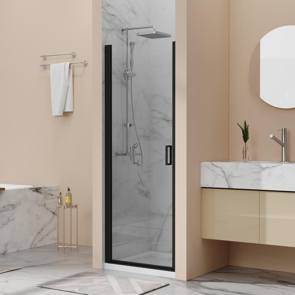 28” x 72” Pivot Shower Door, 1/4 inch Tempered Glass Panel Pivot Swing Shower Door in Matte Black Finish, Semi-Frameless Design