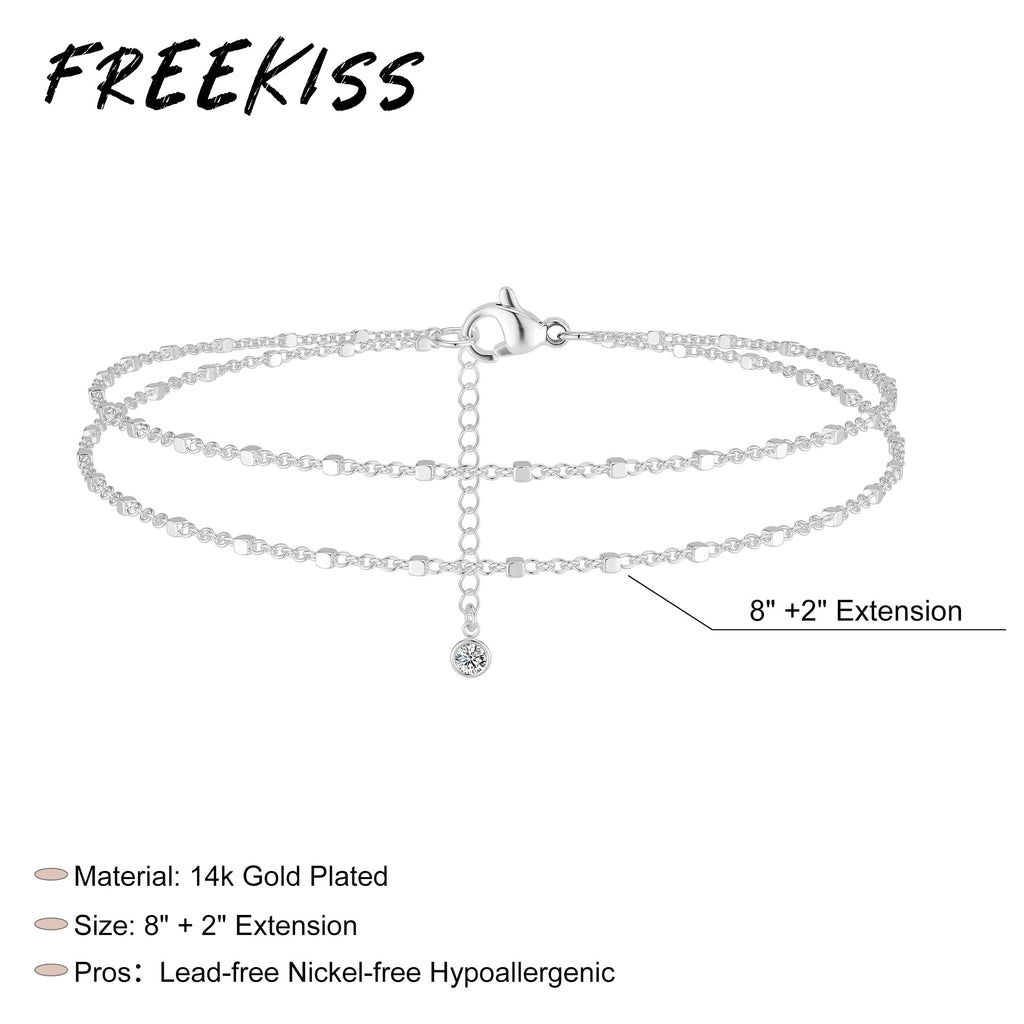 Freekiss Sterling Silver Ankle Bracelets for Women: Dainty Layered Waterproof Anklet for Women Adjustable Womens Anklet Set Stackable Figaro Beaded Cuban Link Anklets Beach Jewelry for Women