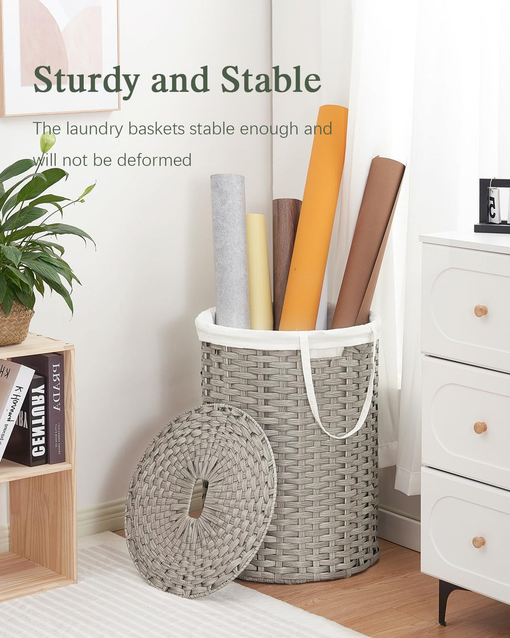 SETVSON Laundry Hamper with Lid Laundry Basket with Lid 19.0 Gal (72 L) Round Wicker Laundry Basket Handwoven Rattan Basket with Lid Removable Bag 2 Mesh Bags Handles for Living Room Bathroom Black