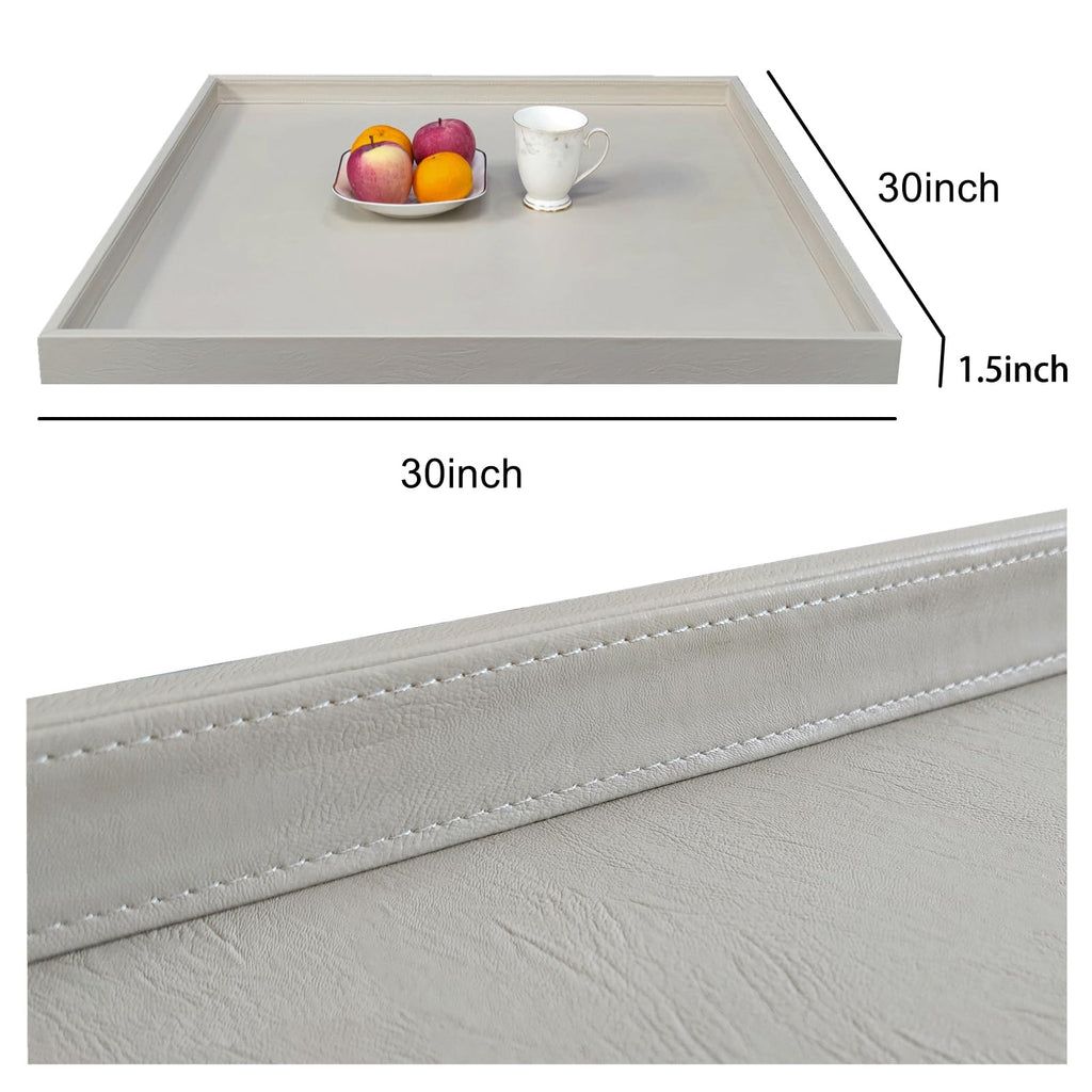 20x20 Inch Square Ottoman Tray - Faux Leather Large Serving Tray for Couch/Coffee Table, Family Dinner, Picnic, Party Decor (Beige)