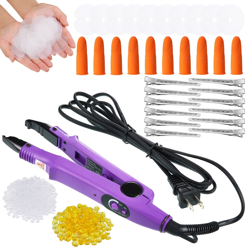 Hair Extensions Iron Fusion Keratin Hair Extensions Heat Tool Heat Connector Wand with Fusion Glue Protector Template Hair Clip Finger Protector 2 Bag Keratin Glue Granule Bead(Black)