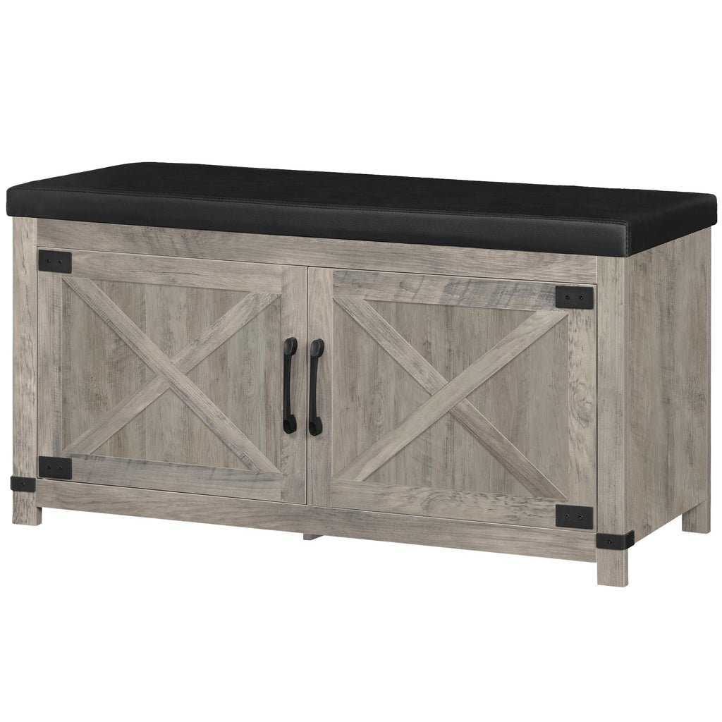 Hzuaneri Shoe Storage Bench, 2 Tier Shoe Bench with Padded Seat Cushion & 2 Barn Doors, Entryway Bench with Adjustable Shelf, Farmhouse Shoe Cabinet for Living Room, Bedroom, Antique White SB26214KA