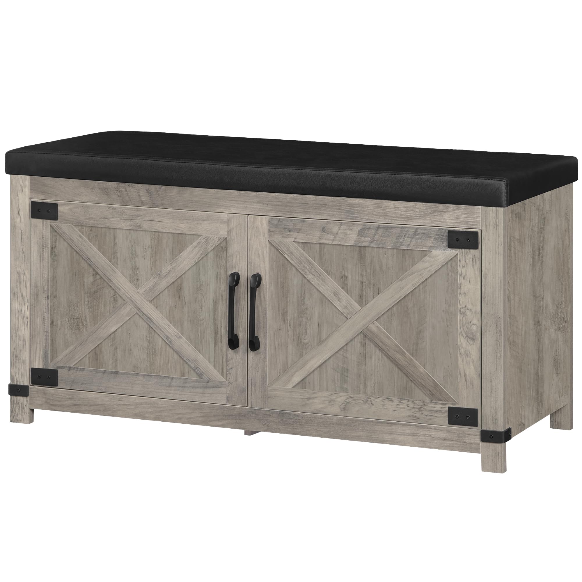 Hzuaneri Shoe Storage Bench, 2 Tier Shoe Bench with Padded Seat Cushion & 2 Barn Doors, Entryway Bench with Adjustable Shelf, Farmhouse Shoe Cabinet for Living Room, Bedroom, Antique White SB26214KA
