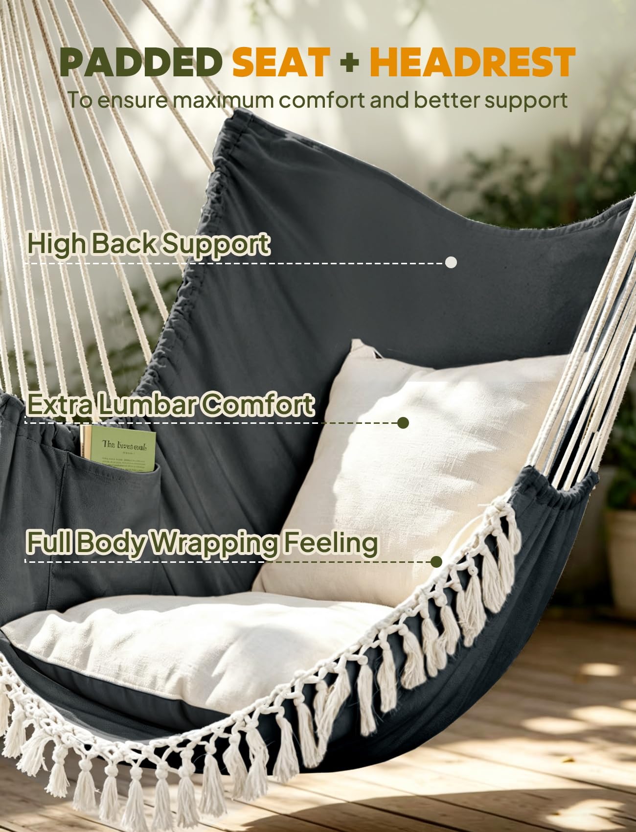 Chihee Hammock Chair Hanging Swing Max 500 Lbs 2 Cushions Included Metal Spreader Bar with Anti-Slip Grooves Portable Hanging Chair Side Pocket Large Macrame Bohemian Chair Indoor Outdoor | Hanging Swing with Anti-Slip Grooves Portable Hanging Chair Side