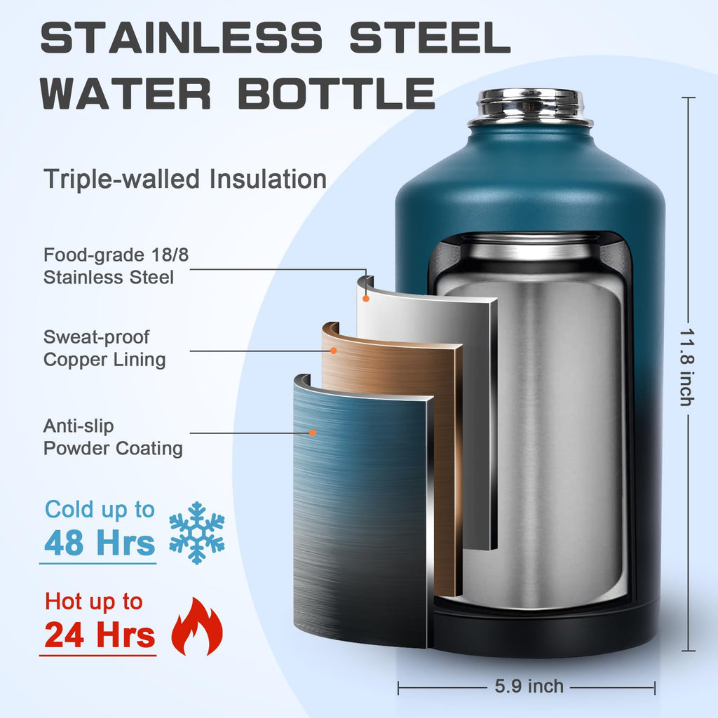GAZLEMHO 40 oz Insulated Water Bottle with Straw& Spout 2-in-1 Lid, Triple Wall Vacuum Stainless Steel Cold 48H, Leak Proof Sports Metal Flask Jug with Paracord Handle, Black