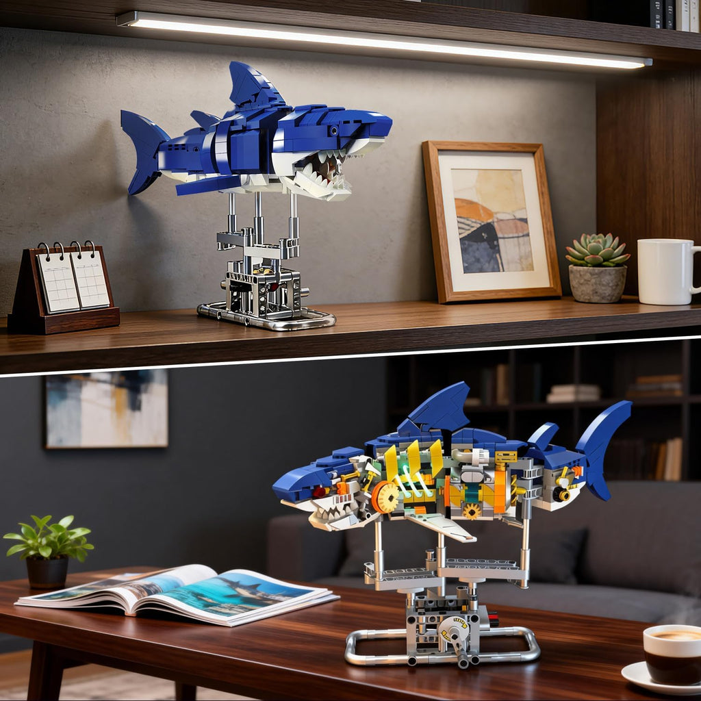 INSOON Mechanical Shark Building Set with LED Light, 687 PCS Interactive Building Block Model with Display Stand, Movable Ocean Animal STEM Toy, Home Decor Gift for Adults Teens Kids Boys Ages 8-12+