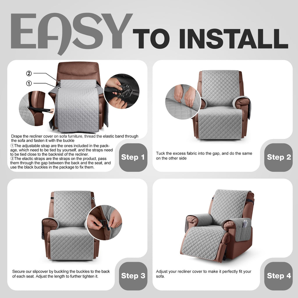 KinCam 100% Waterproof Recliner Chair Cover, Reclining Couch Covers for Pets, Dogs, Recliner Couch Slipcover Furniture Protector with Elastic Straps for Kids(23.6", Beige White)
