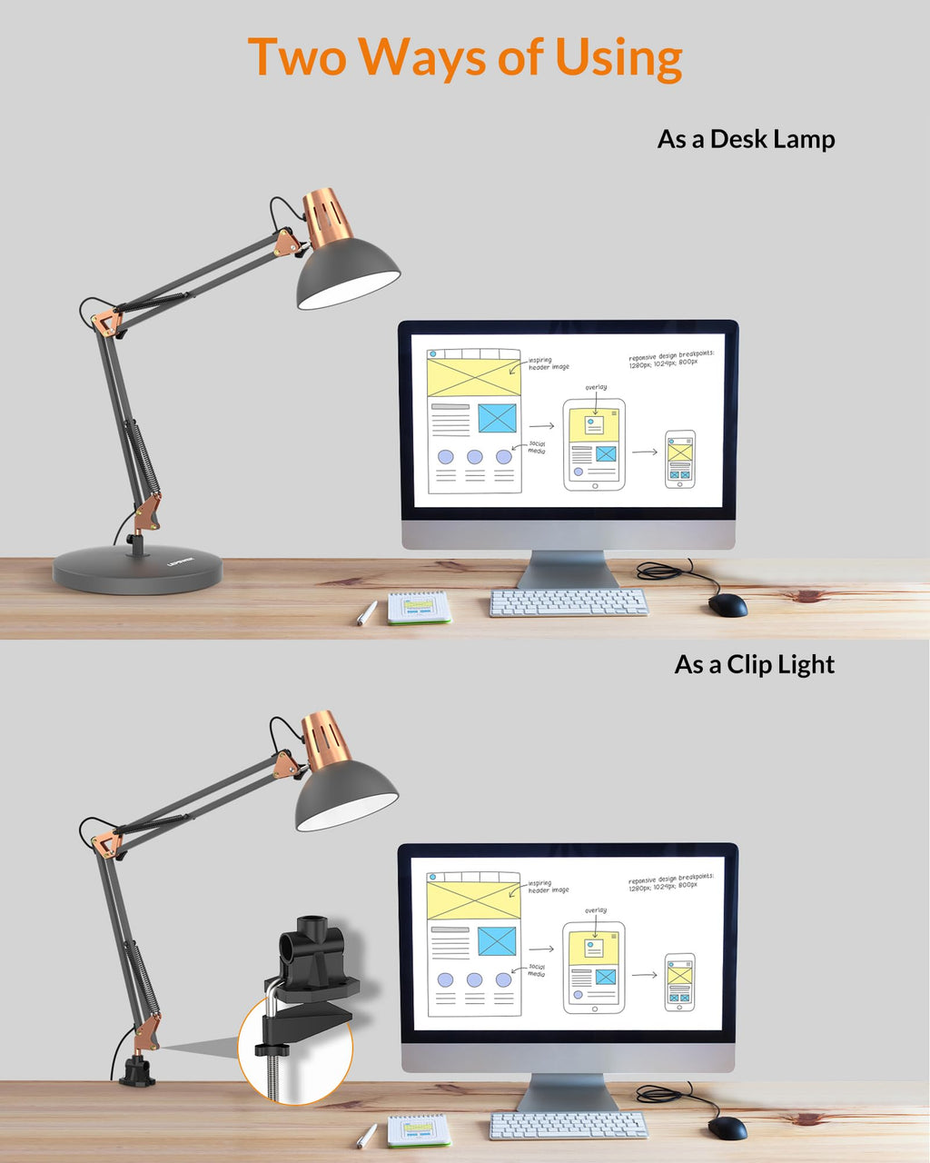 LEPOWER Metal Desk Lamp, Adjustable Goose Neck Architect Table Lamp with On/Off Switch, Swing Arm Desk Lamp with Clamp, Eye-Caring Reading Lamp for Bedroom, Study Room &Office (Sandy Black)