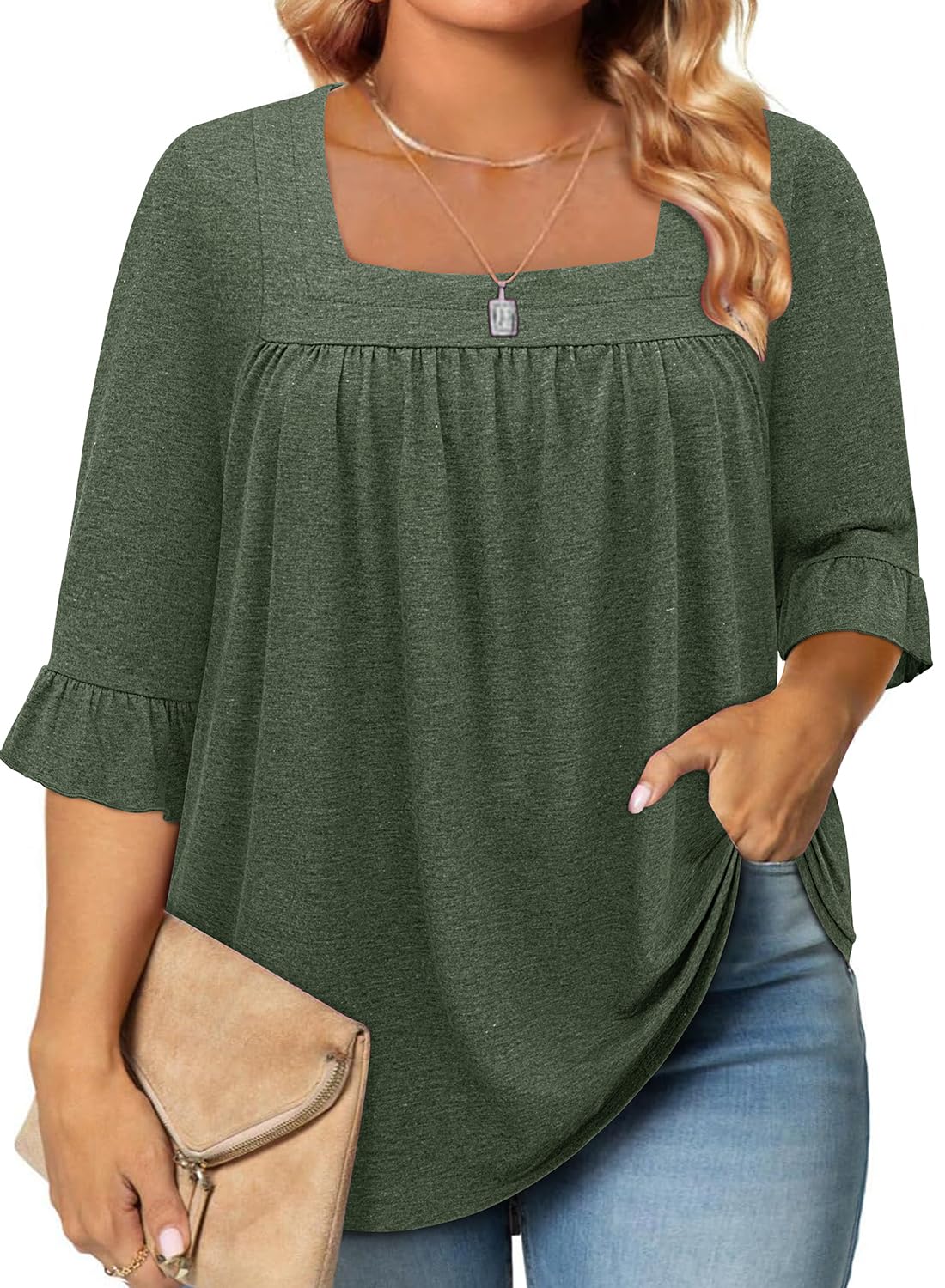 Siddhe Womens Plus Size Tops Loose Fit 3/4 Ruffle Sleeve Blouses Square Neck T Shirt Casual Tunic Tops(1X-5X)