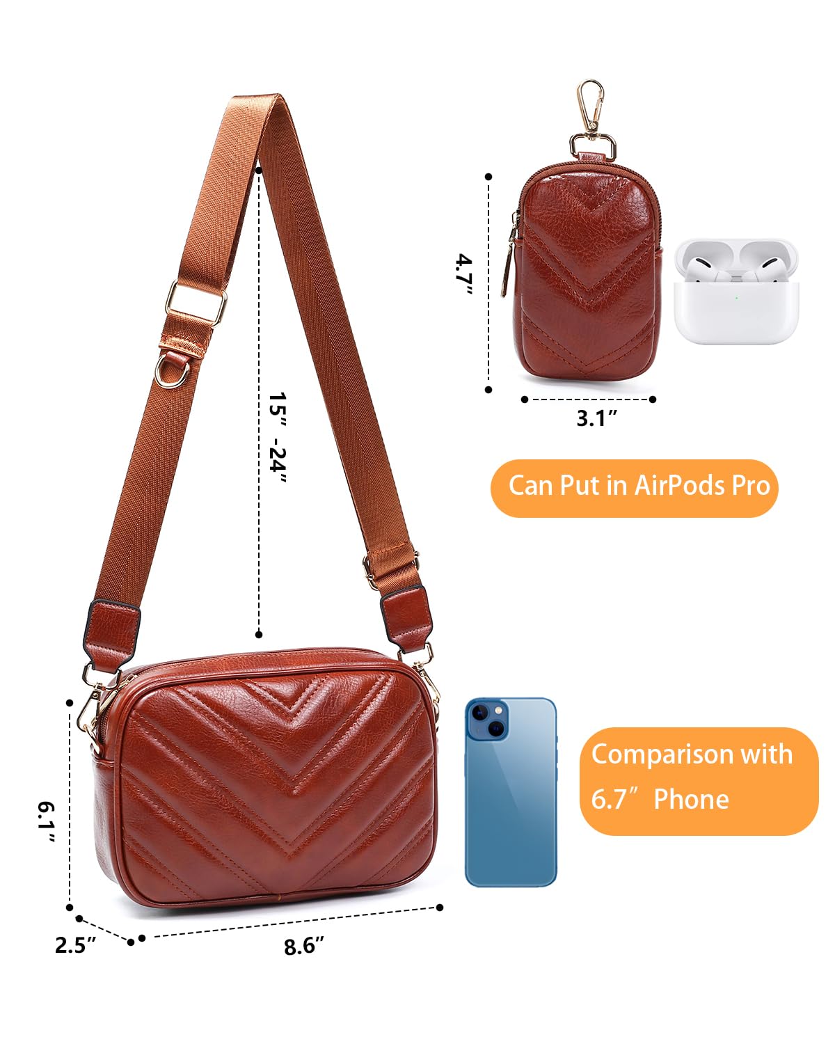 Herald Chevron Quilted Small Crossbody Bag with Coin Purse Pouch, Women Square Camera Side Shoulder 2 Size Handbags | Chevron