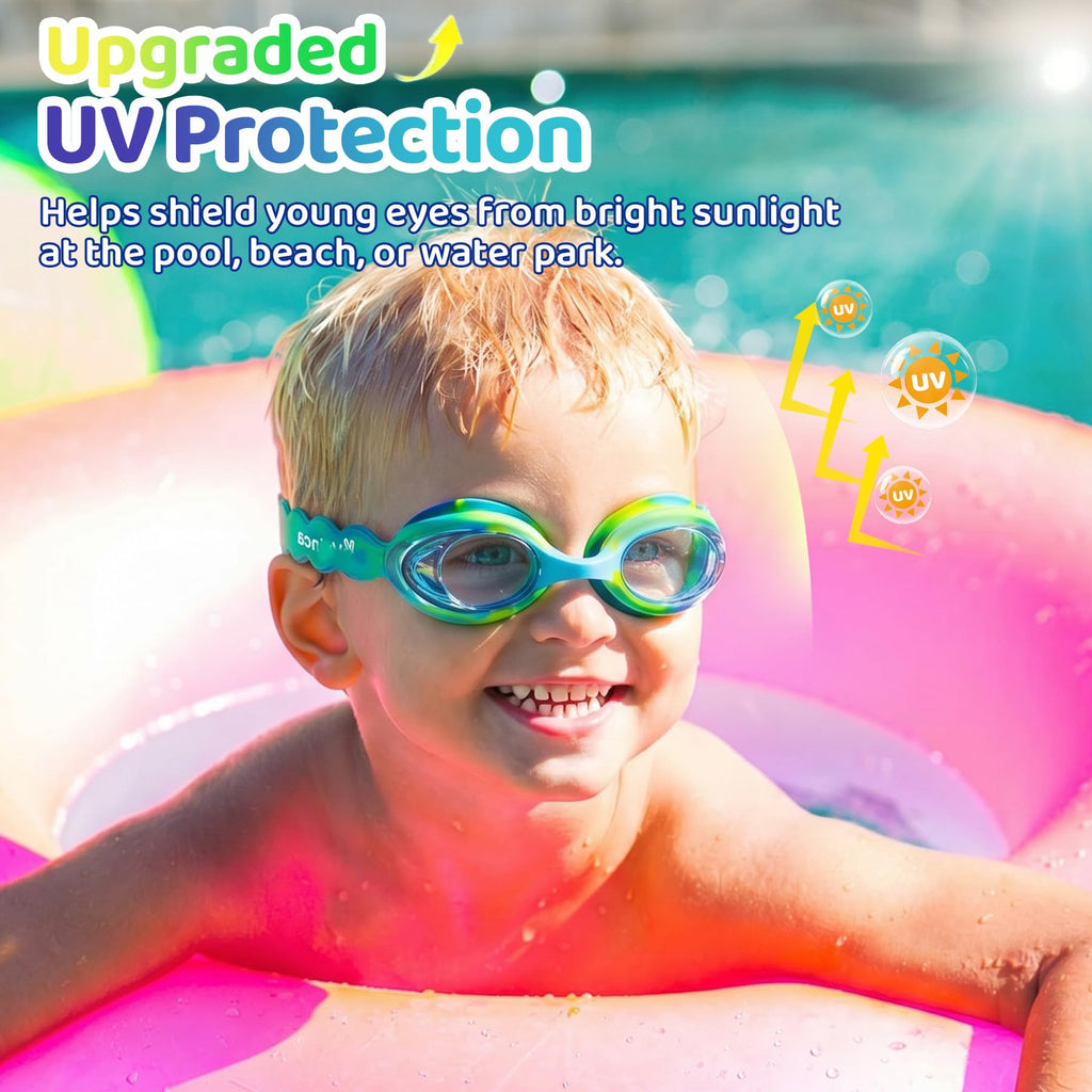 Vvinca Kids Swim Goggles with Fabric Strap No Tangle Pain-Free, Anti-Fog Swimming Pool Goggle No Leak for Toddlers Girls Boys