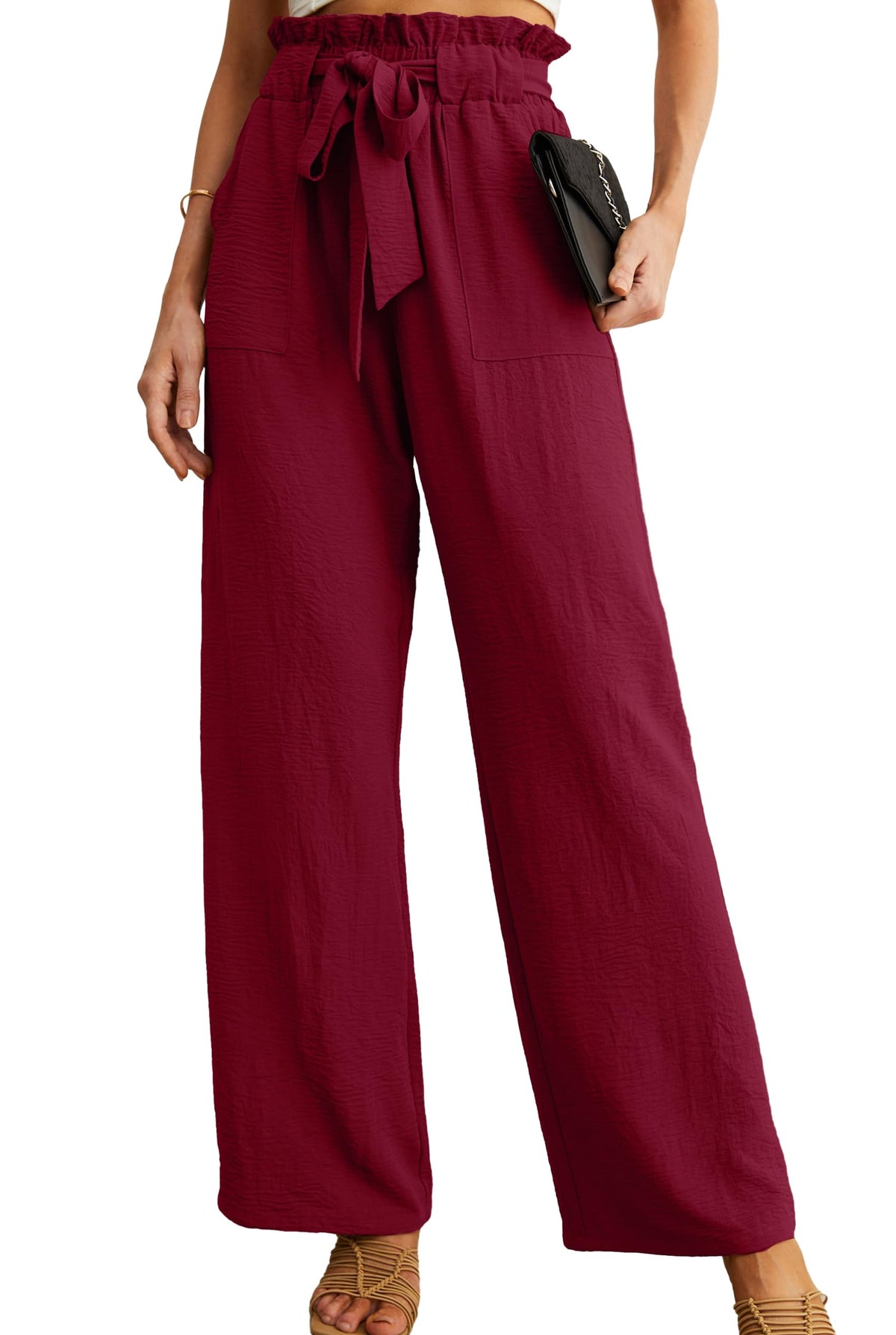 IWOLLENCE Women High Waist Palazzo Pants, Adjustable Knot Ankle Wide Leg Trousers Pockets Beach Vacation Lounge Office