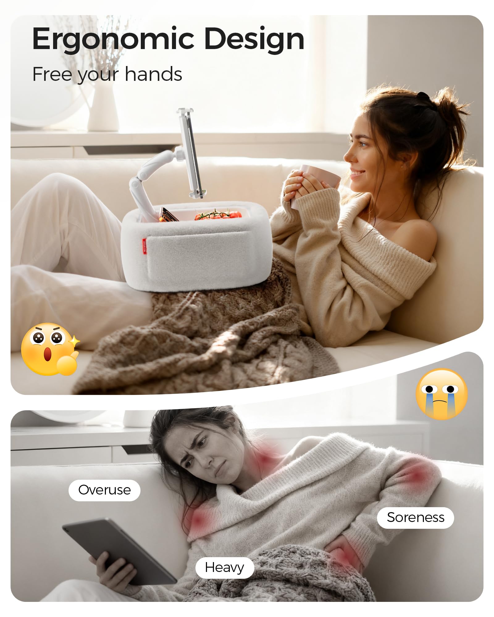 LULULOOK Tablet Pillow Stand, Compatible with iPad, iPhone and 4.7-14.6”Tablet, 360° Adjustable Kindle Pillow Stand for Bed with Ultra Fluffy Fabric & Snack Bowl (Cloudy White)
