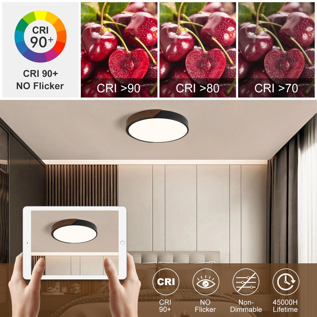 Modern LED Ceiling Light, Minimalist Wood Dimmable Flush Mount Ceiling Light Fixture, Round 5CCT Lighting Lamp with Acrylic Lampshade for Bedroom Hallway Kitchen Laundry, Black 11.8"