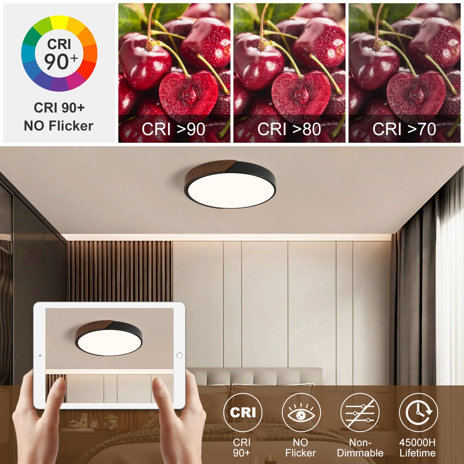 Modern LED Ceiling Light, Minimalist Wood Dimmable Flush Mount Ceiling Light Fixture, Round 5CCT Lighting Lamp with Acrylic Lampshade for Bedroom Hallway Kitchen Laundry, Black 11.8"