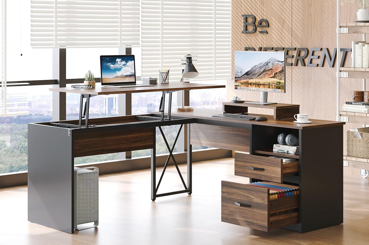 Bestier L Shaped Standing Desk with Lift Top, 55"x55" Standing Corner Desk for Home Office, Computer Desk with Reversible File Drawer and Monitor Stand, Grey Wash