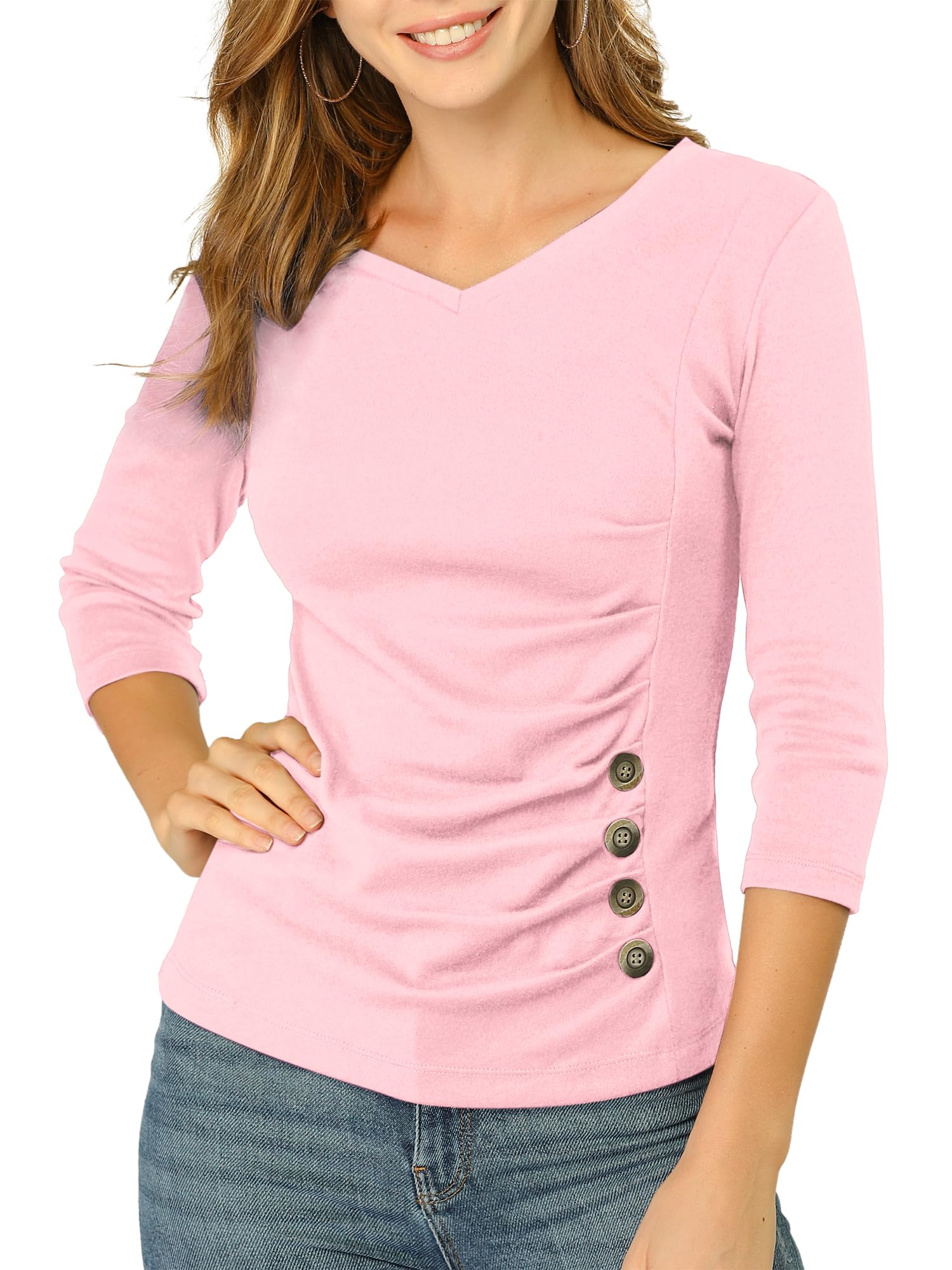 Allegra K Women's V Neck Tops 3/4 Sleeves Solid Knitted Buttons Decor Ruched Blouse