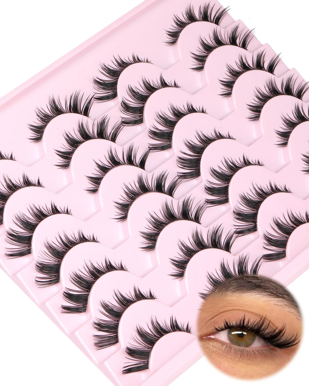 False Lashes Natural Look Wispy Eyelashes Manga Korean Spiky 16mm Short Faux Mink Eyelashes Cat Eye Natural Fake Eyelashes Strip Lashes Pack 14 Pairs
