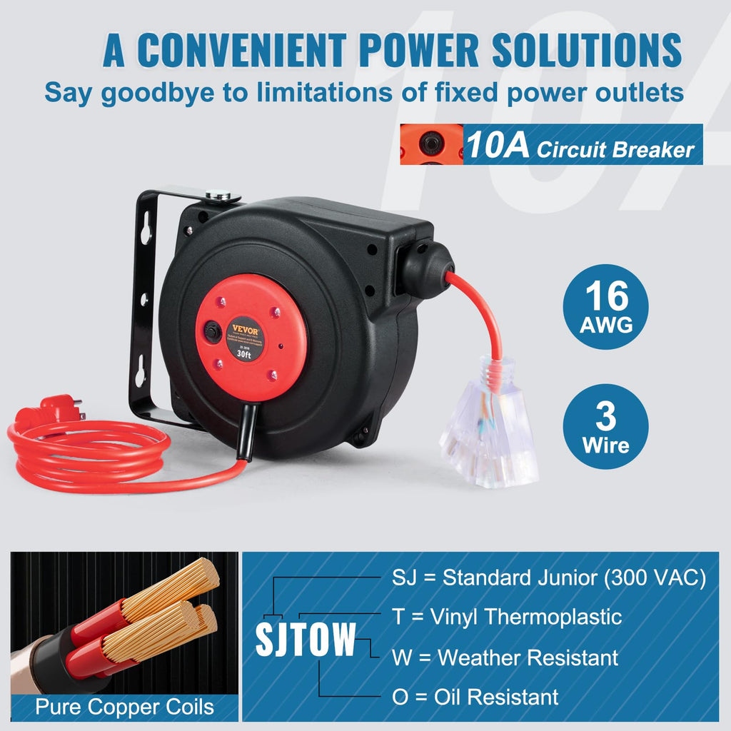 VEVOR Retractable Extension Cord Reel, 30 FT, Heavy Duty 16AWG/3C SJTOW Retractable Power Cord Reel with Lighted Triple Tap Outlet 10 Amp Circuit Breaker 4.5FT Lead-in Cord, for Ceiling or Wall Mount