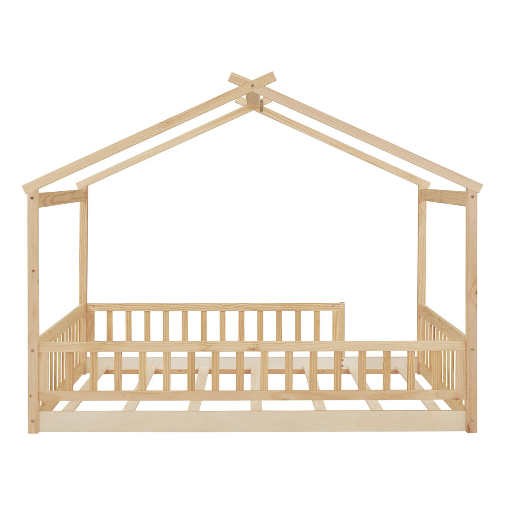 Merax Twin Size Wooden House Bed with Two Drawers, Wood Bed Frame with Roof for Kids, Teens, Boys or Girls, Grey