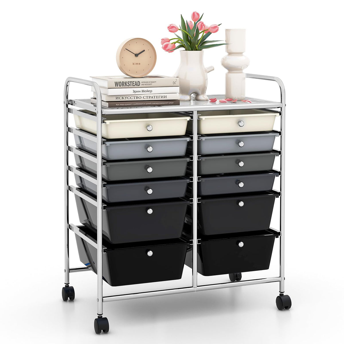 LDAILY 9 Drawer Rolling Storage Cart, Rolling Cart with Drawers for Classroom, Art Supply Craft Organizer on Wheel with Metal Frame & Handles for Home Office School