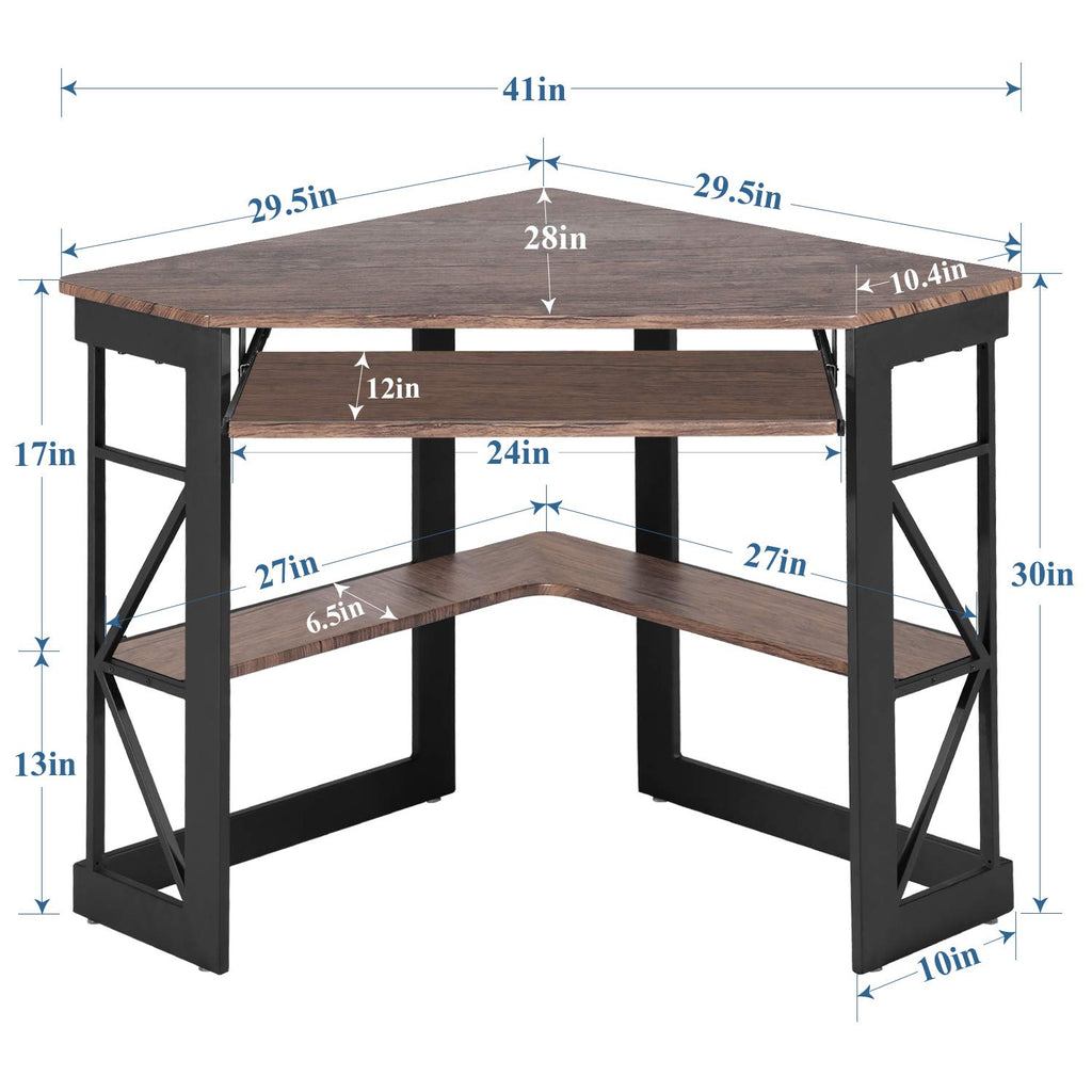 VECELO Corner Desk Computer Desk Writing Table with Smooth Keyboard Tray & Storage Shelves,Compact Home Office Triangle Table,Antique Brown