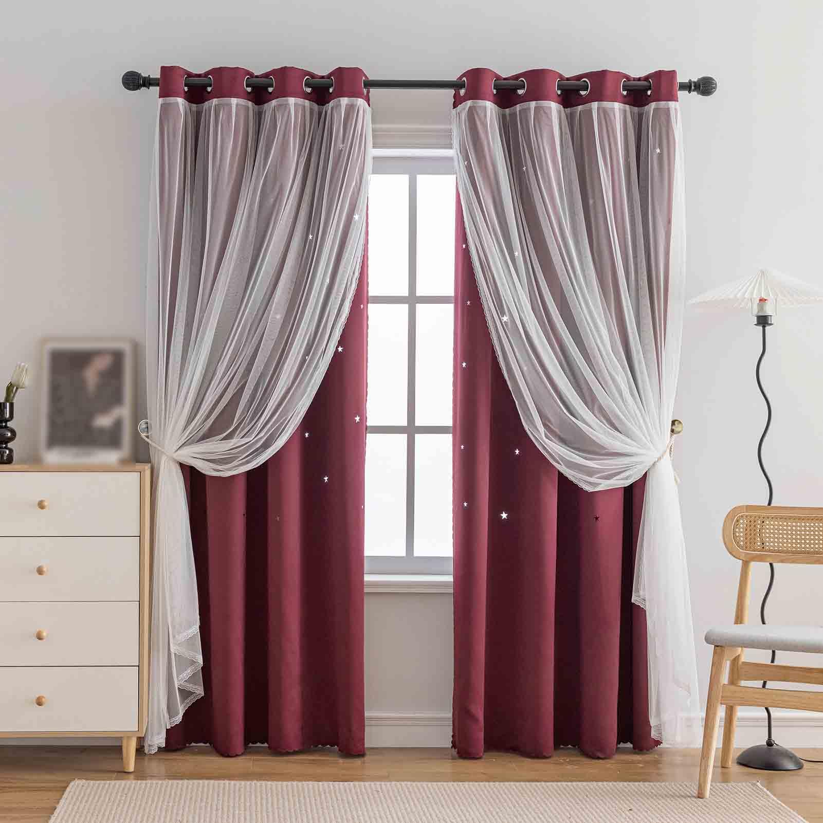 Anytime Star Cut-Out Blackout Curtains for Bedroom 2 Panels,2-Layers Mix Design of Fabric & Tulle,Pretty Pure Color Window Curtain for Kids Room(W35 x L45,LPink)