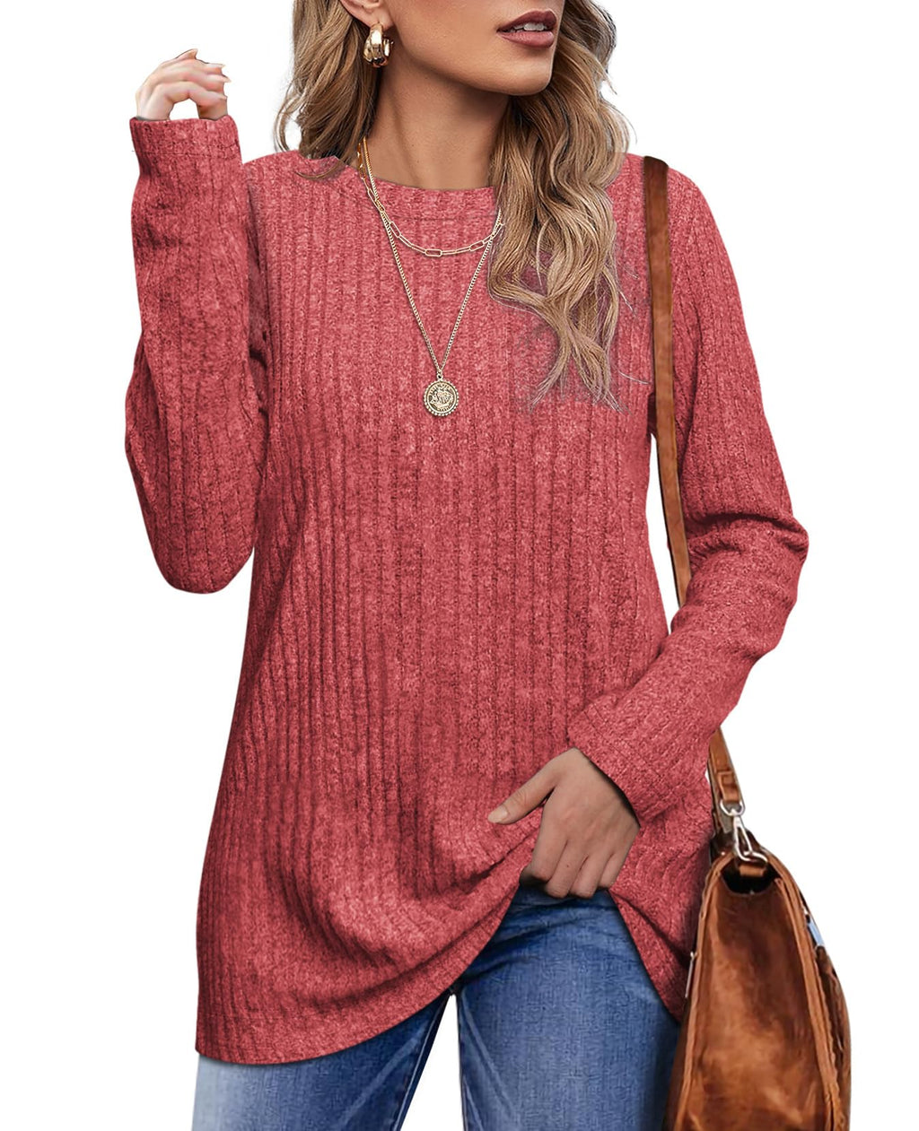 OFEEFAN Long Sleeve Shirts for Women Loose Fit Crew Neck Tunic Tops Blouse Dressy Casual Fall Winter Clothes Outfits