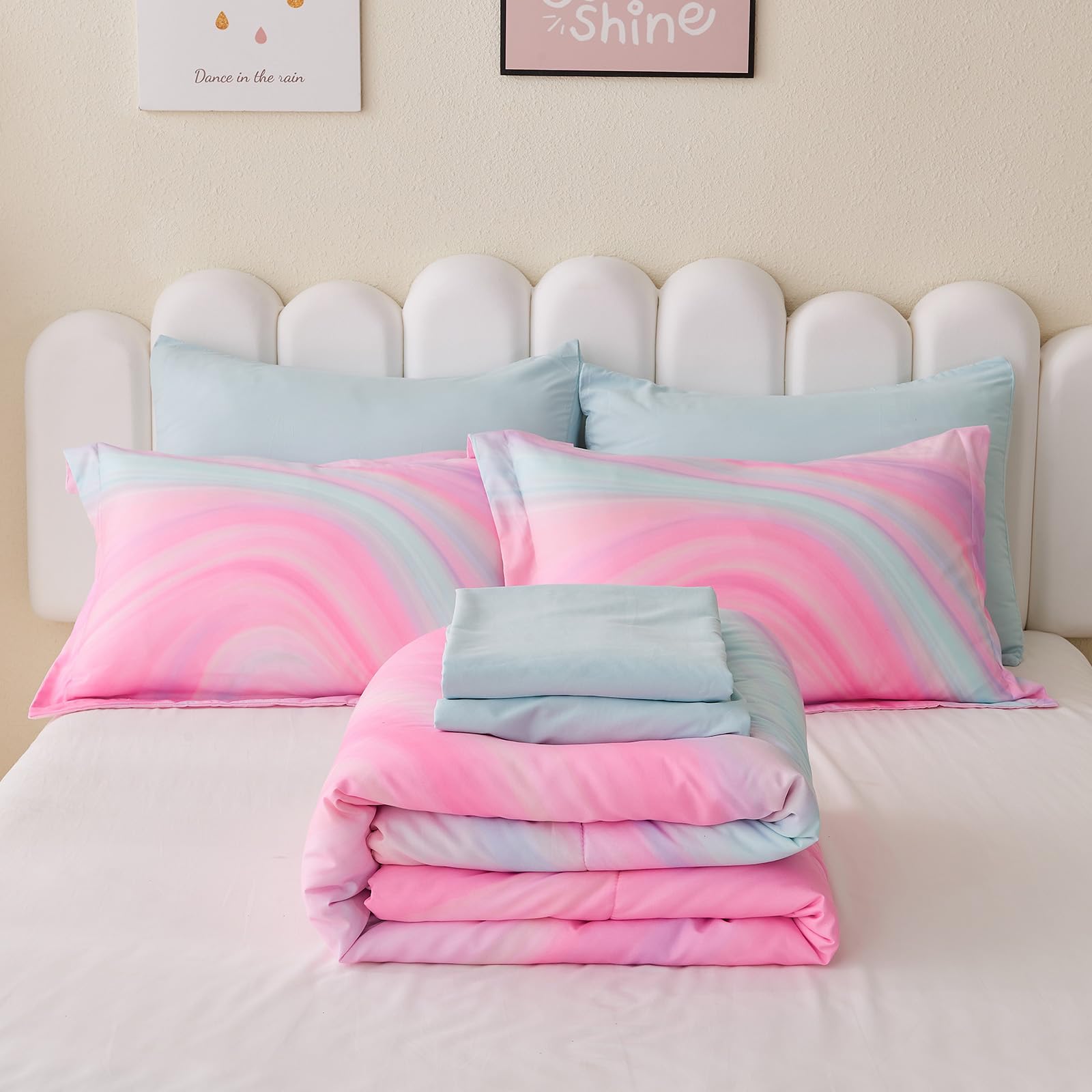 Wajade 7 Piece Blue Bow Comforter Set for Girls Kids Twin Size Bedding Set with Sheet and 2 Pillowcases 2 Pillow Shams Cute Girls Bed in a Bag as Birthday Choice