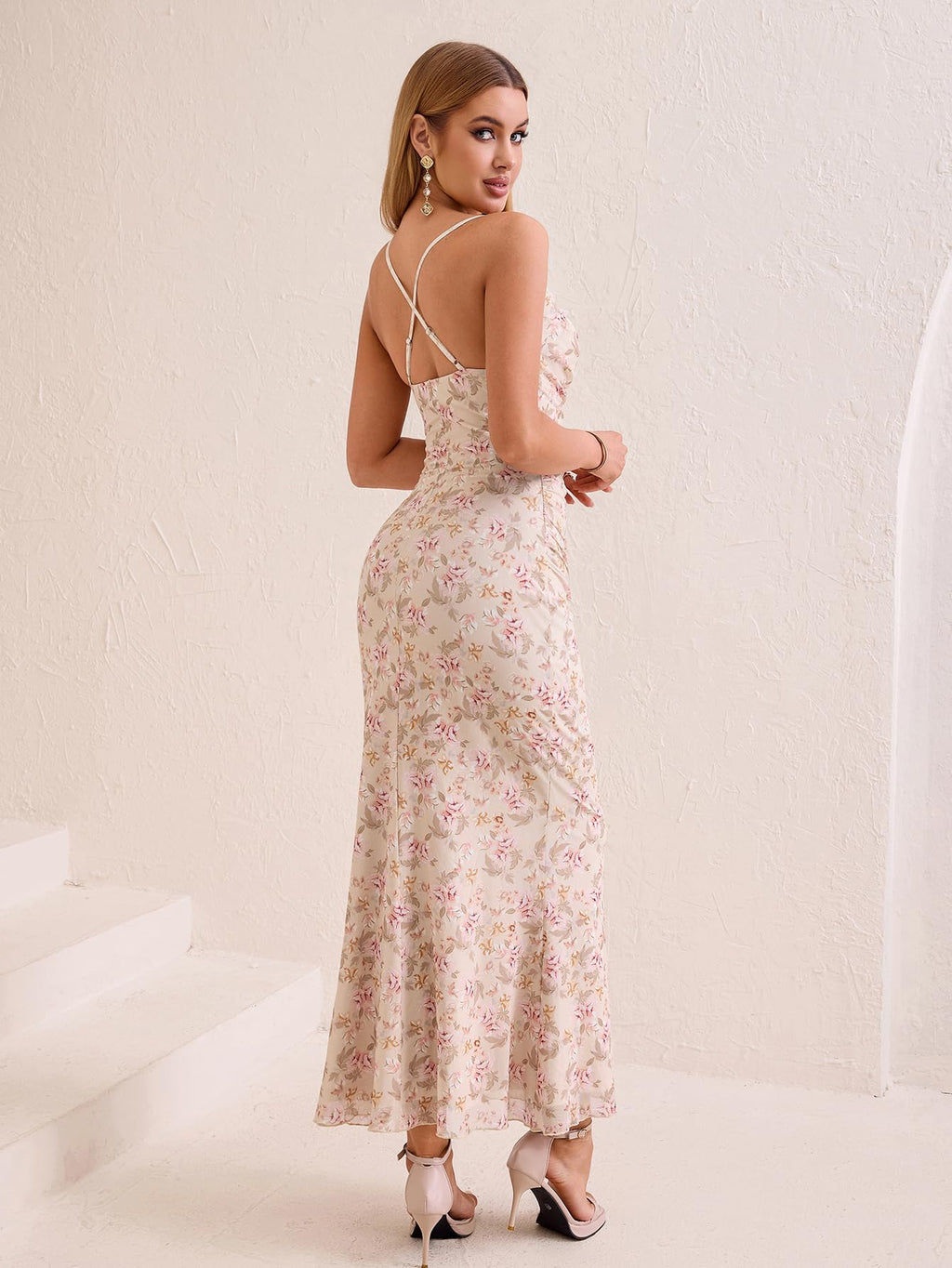 URYIAO Women's Summer 2026 Floral Spaghetti Strap Maxi Dress Sleeveless Ruched Mesh Bodycon Long Wedding Guest Dresses