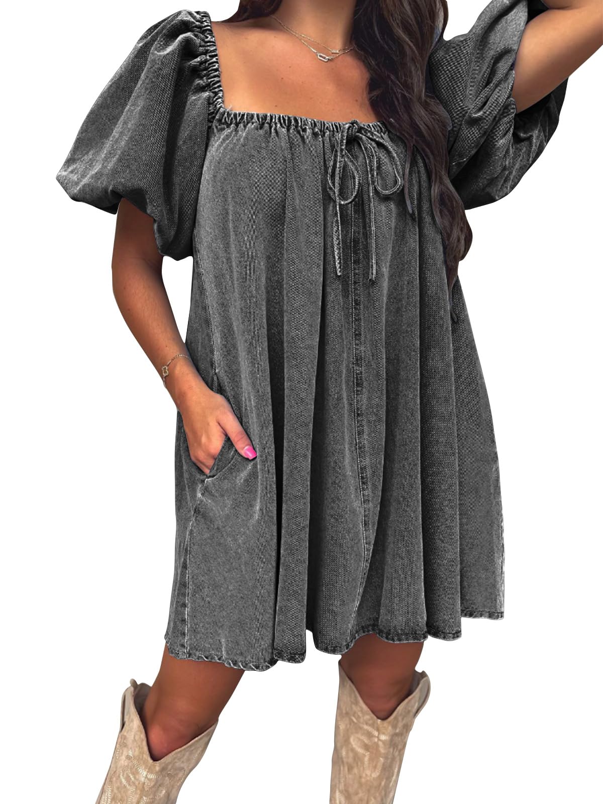 EXLURA Womens Summer Denim Short Puff Sleeve Dresses Knit Loose Plus Size Short Mini Dress 2026 Trendy Spring Outfits