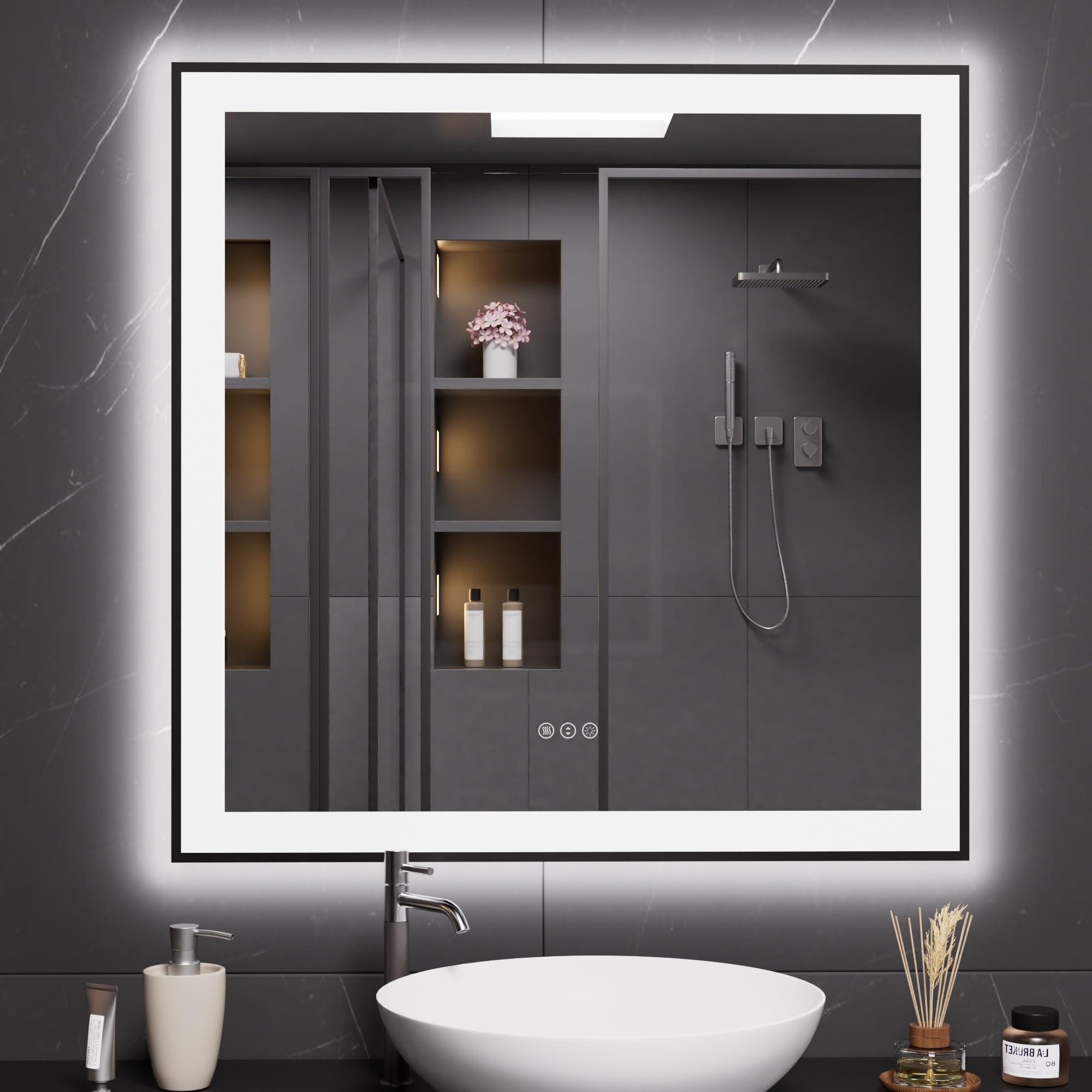 LOAAO 20"X28" LED Bathroom Mirror Black Framed | Anti-Fog, Dimmable, Memory Function, Tempered Glass, Lighted Vanity Mirror for Wall