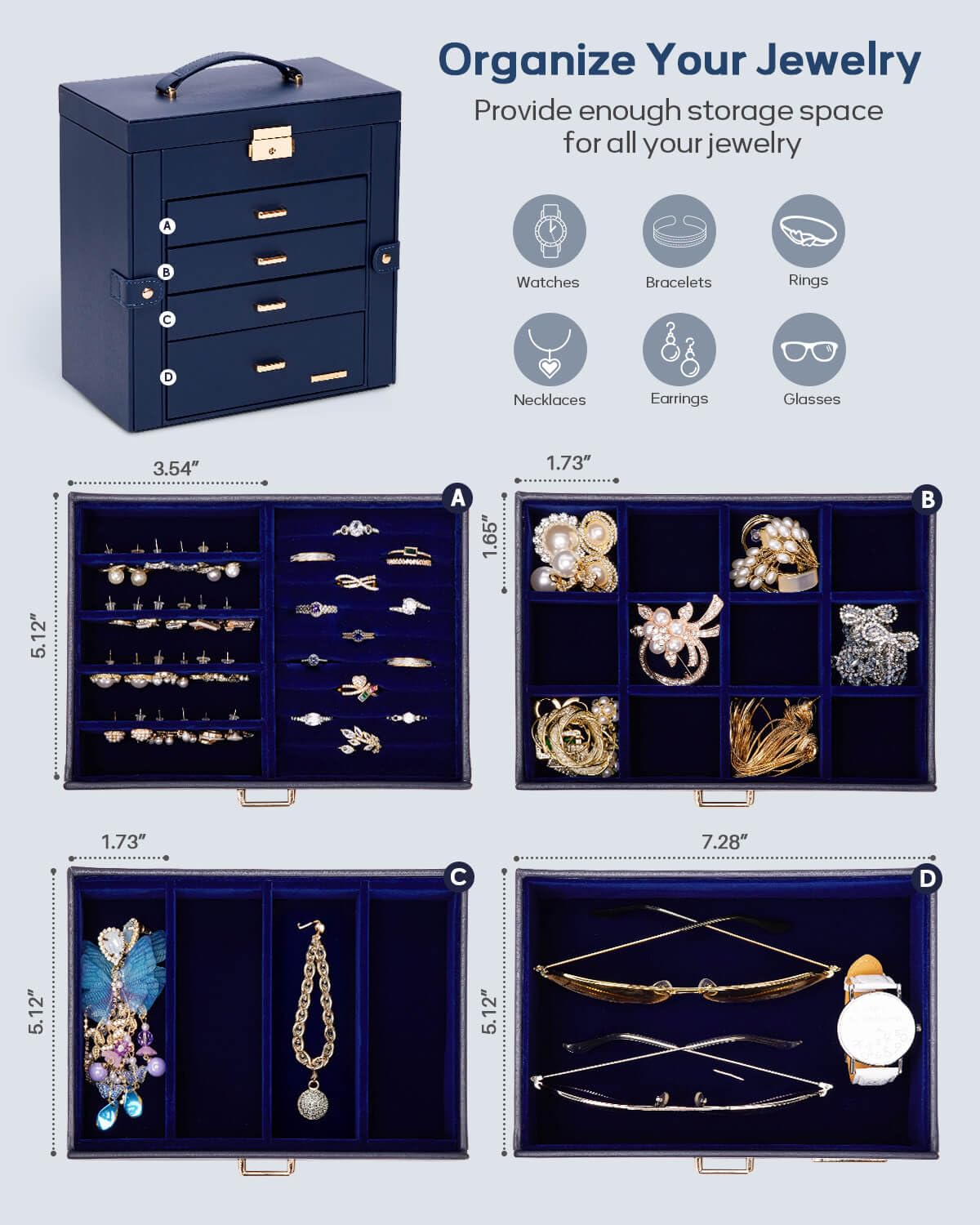 Homde Mothers Day Gifts Synthetic Leather Huge Jewelry Box Mirrored Watch Organizer Necklace Ring Earring Storage Lockable Gift Case (Black + Gold)