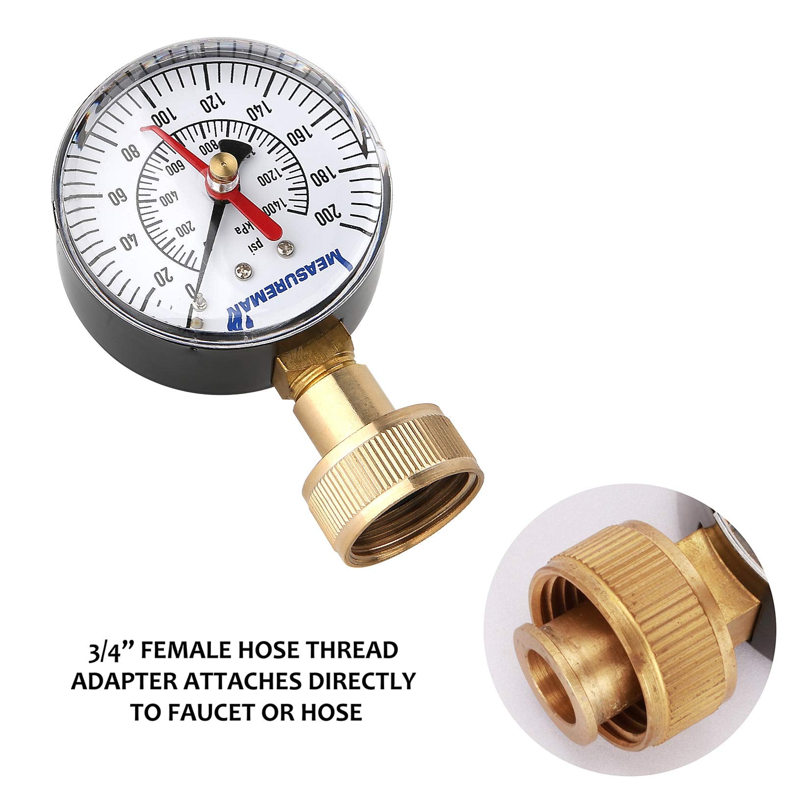 MEASUREMAN 2" Water Pressure Test Gauge, 3/4" Female Hose Thread, 0-200 psi/kpa with Maximum Pressure Memory (Pack of 2)