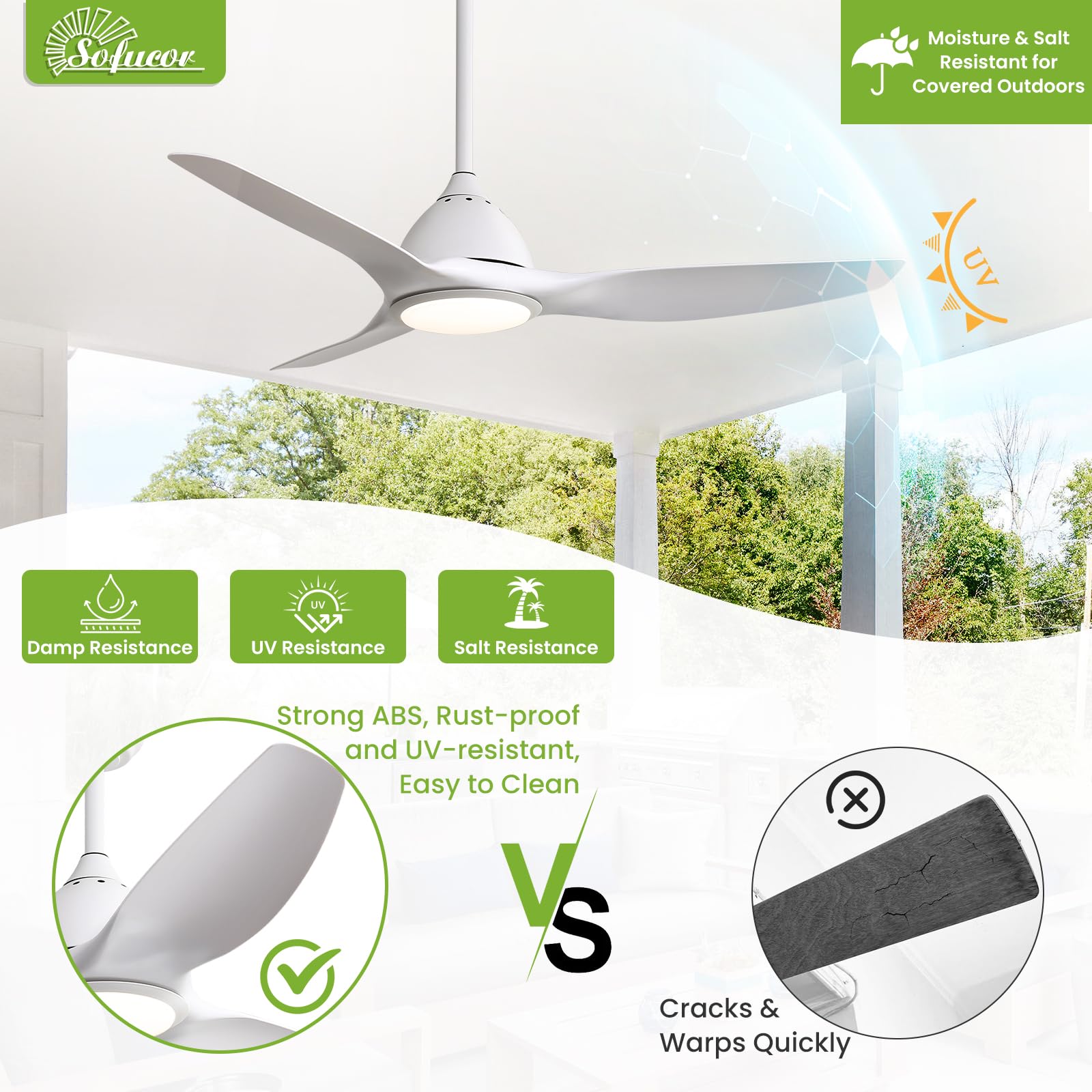 Sofucor 52 Inch Outdoor Ceiling Fans with Lights, Modern Ceiling Fan with 3 Plastic Blade, Quiet, Dimmable, High 7000CFM 6-Speed 3-Timer Reversible DC Motor, for Bedroom Living Room, ETL, Black
