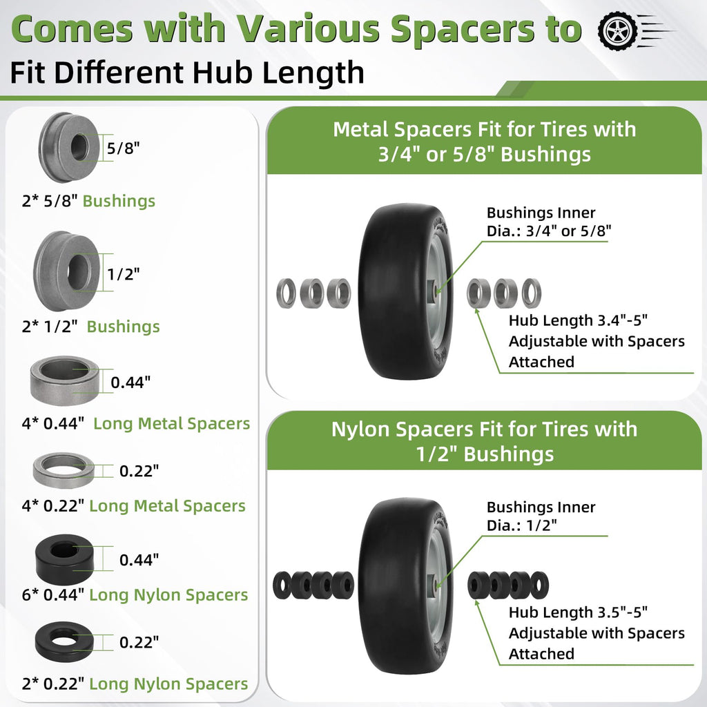 2 PCS 11x4.00-5" Lawn Mower Tires Flat Free,3/4" 5/8" 1/2" Bushing,3.4"-4"-4.5"-5" Centered Hub,Universal Fit Smooth Tread Tire for Zero Turn Lawn Mowers, with Universal Adapter Kit(Blcak Rim)