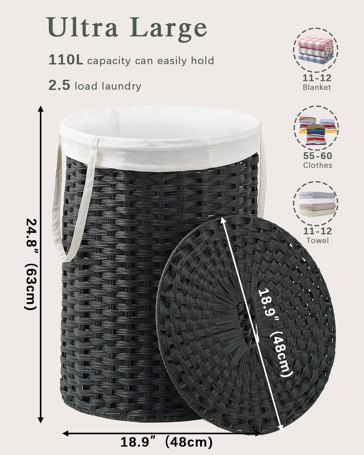 SETVSON Laundry Hamper with Lid Laundry Basket with Lid 19.0 Gal (72 L) Round Wicker Laundry Basket Handwoven Rattan Basket with Lid Removable Bag 2 Mesh Bags Handles for Living Room Bathroom Black