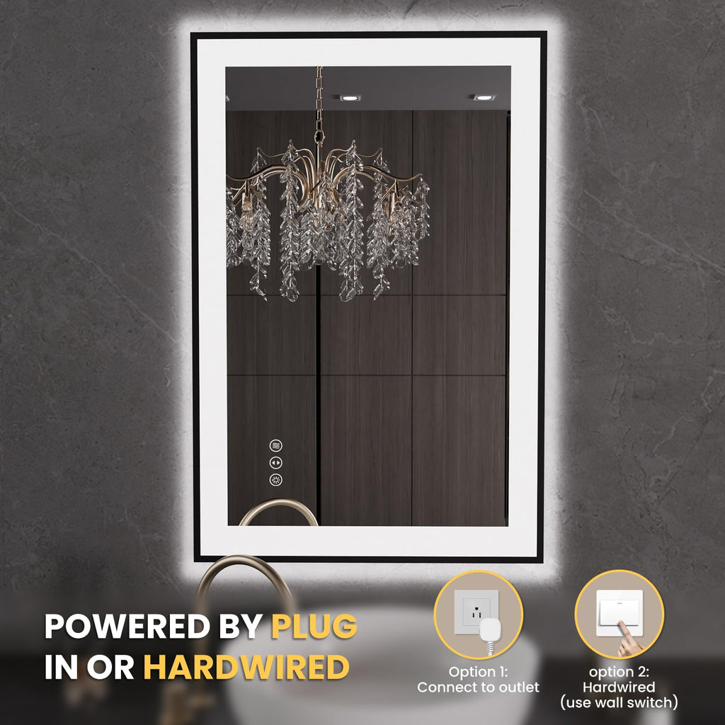 LOAAO 20"X28" LED Bathroom Mirror Black Framed | Anti-Fog, Dimmable, Memory Function, Tempered Glass, Lighted Vanity Mirror for Wall