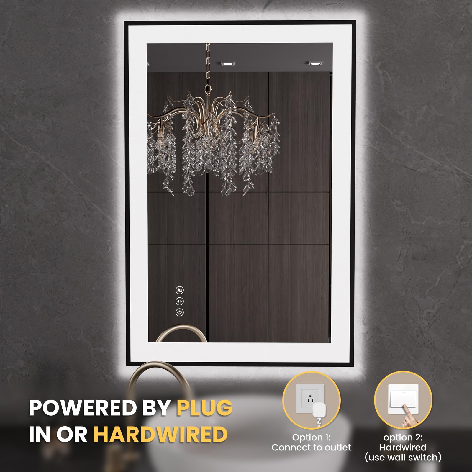 LOAAO 20"X28" LED Bathroom Mirror Black Framed | Anti-Fog, Dimmable, Memory Function, Tempered Glass, Lighted Vanity Mirror for Wall