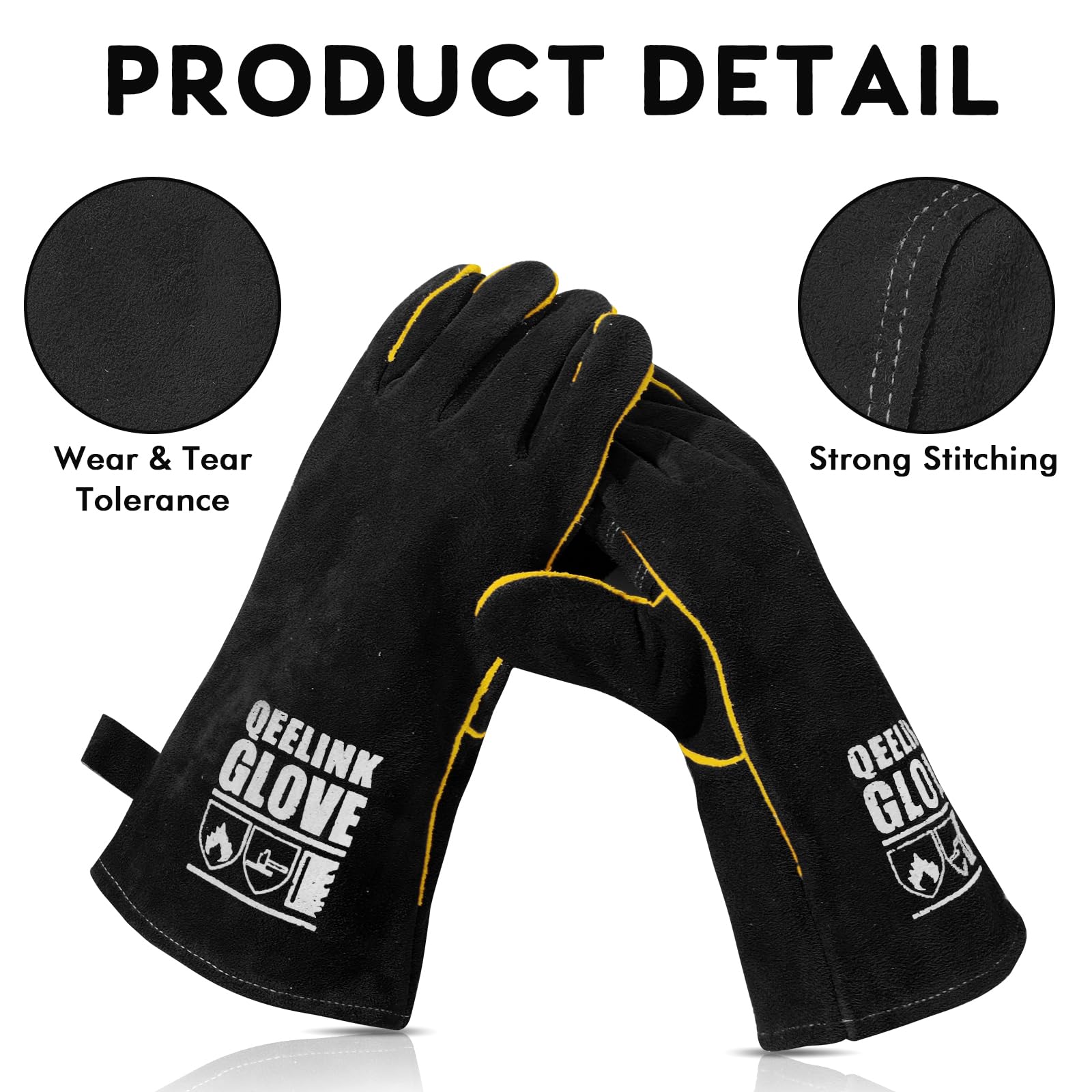 QeeLink Welding Gloves - Heat Resistant Leather and Fireproof Stitching for Fireplace Fire Pit Wood Stove BBQ Gardening Gear