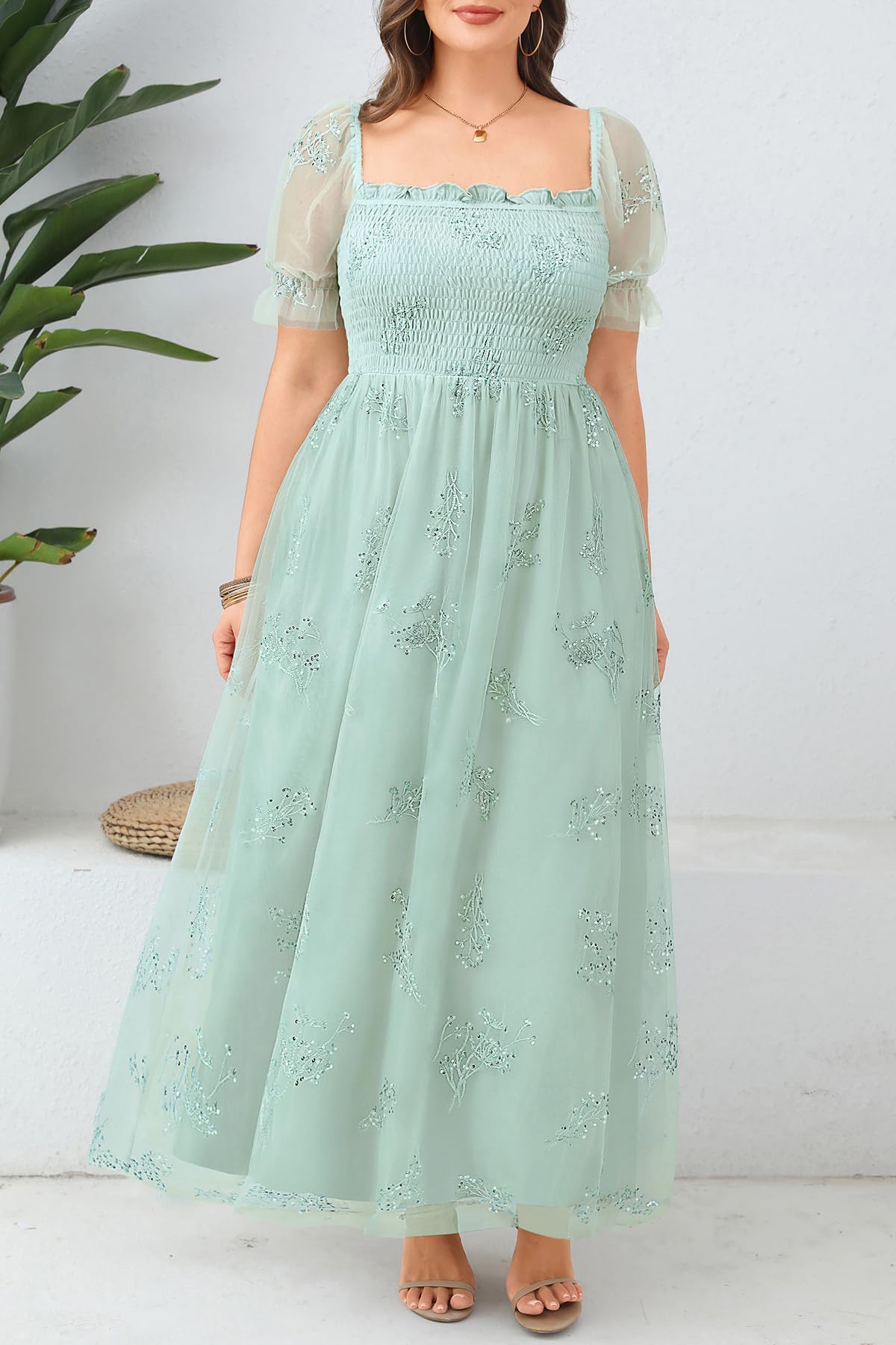 Plus Size Formal Dresses - Bridesmaid Leaf Embroidery with Sequin Tulle Prom Long Dress