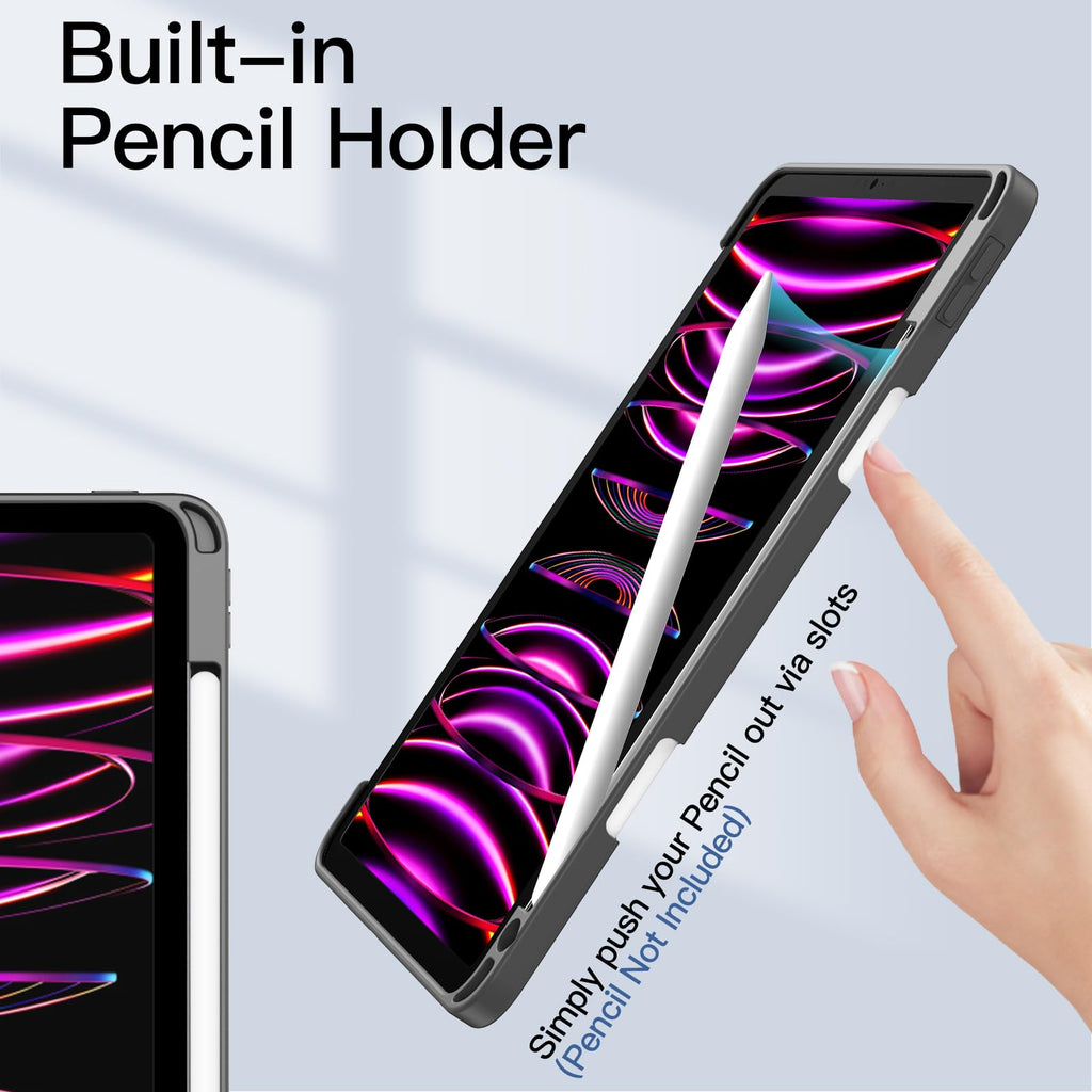 JETech Case ONLY for iPad Pro 11 Inch (2022/2021/2020/2018) with Pencil Holder, Clear Transparent Back Shell Slim Stand Shockproof Tablet Cover, Auto Wake/Sleep (Black)