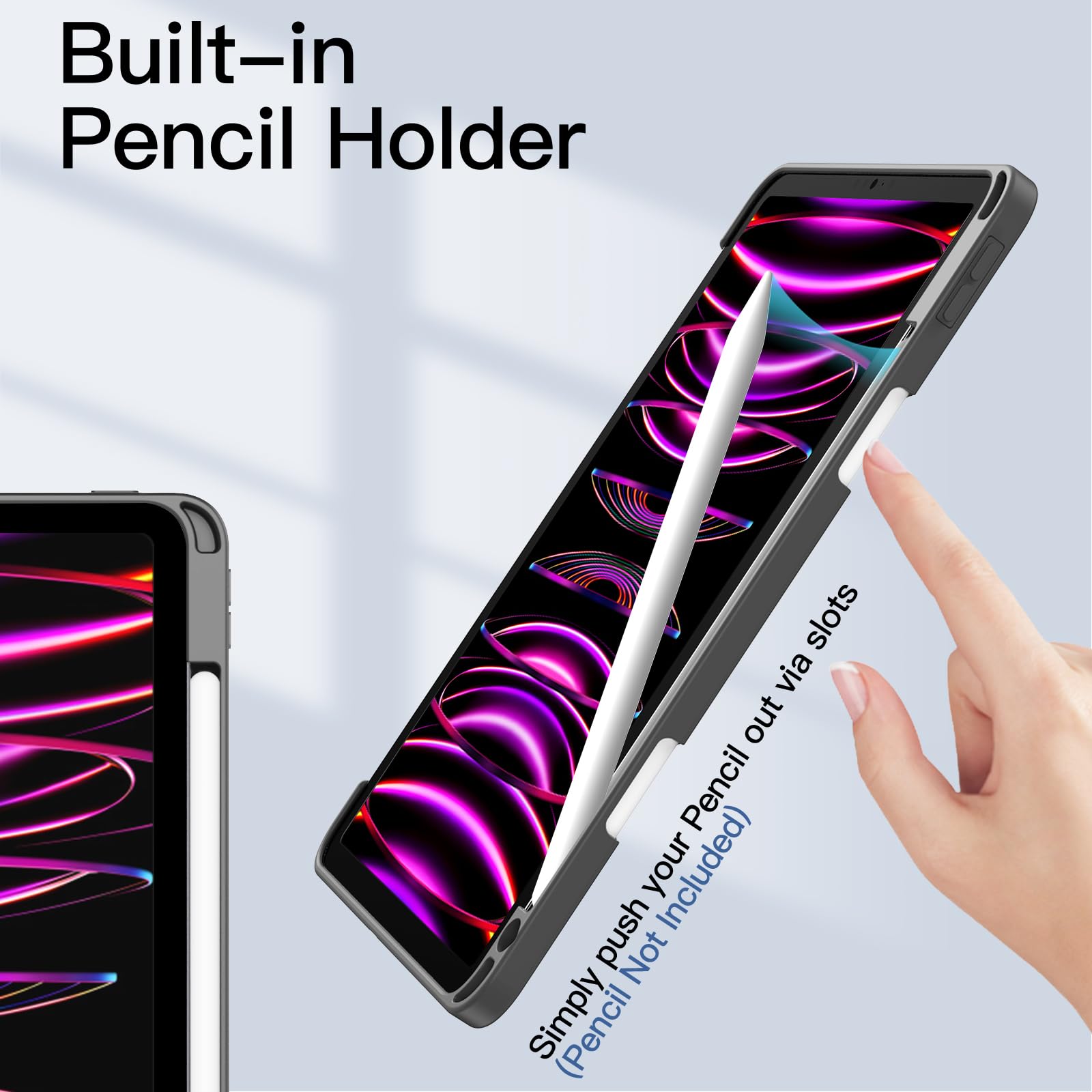 JETech Case ONLY for iPad Pro 11 Inch (2022/2021/2020/2018) with Pencil Holder, Clear Transparent Back Shell Slim Stand Shockproof Tablet Cover, Auto Wake/Sleep (Black)