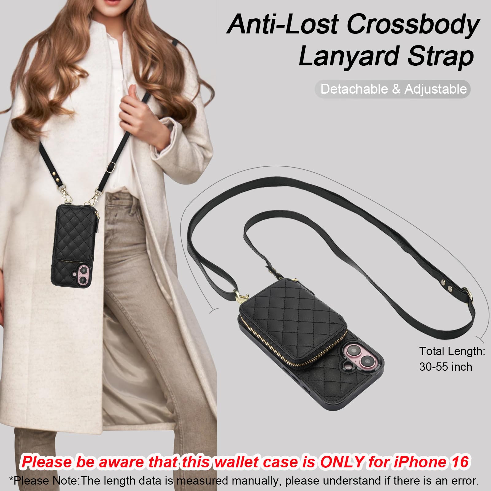 Bocasal Crossbody Wallet Case for iPhone 16, RFID Blocking PU Leather Zipper Handbag Purse Flip Cover, Kickstand Folio Case with Card Slots Holder Wrist Strap Lanyard 5G 6.1 Inch (Black)