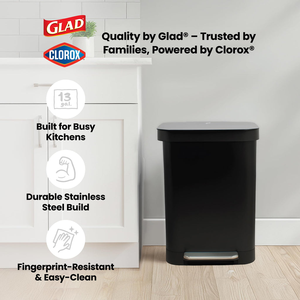 Glad 13 Gallon All Brushed Stainless Steel Trash Can with Clorox Odor Protection | Large Metal Kitchen Garbage Bin with Soft Close Lid, Garbage Bag Rings, Step On Foot Pedal and Waste Bag Roll Holder