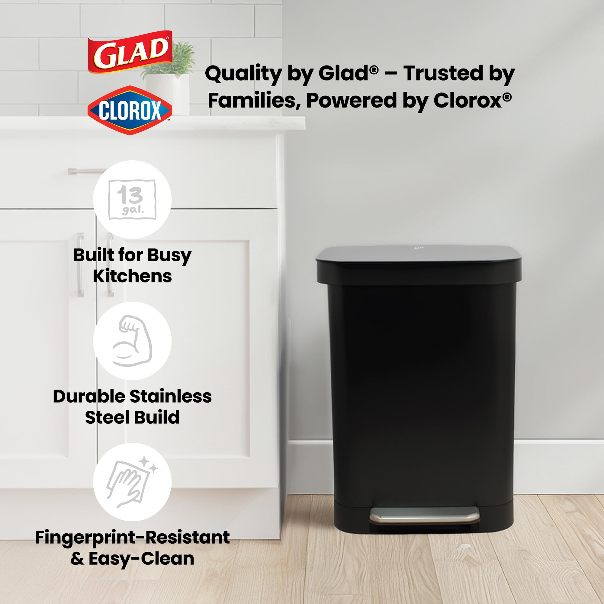 Glad 13 Gallon All Brushed Stainless Steel Trash Can with Clorox Odor Protection | Large Metal Kitchen Garbage Bin with Soft Close Lid, Garbage Bag Rings, Step On Foot Pedal and Waste Bag Roll Holder