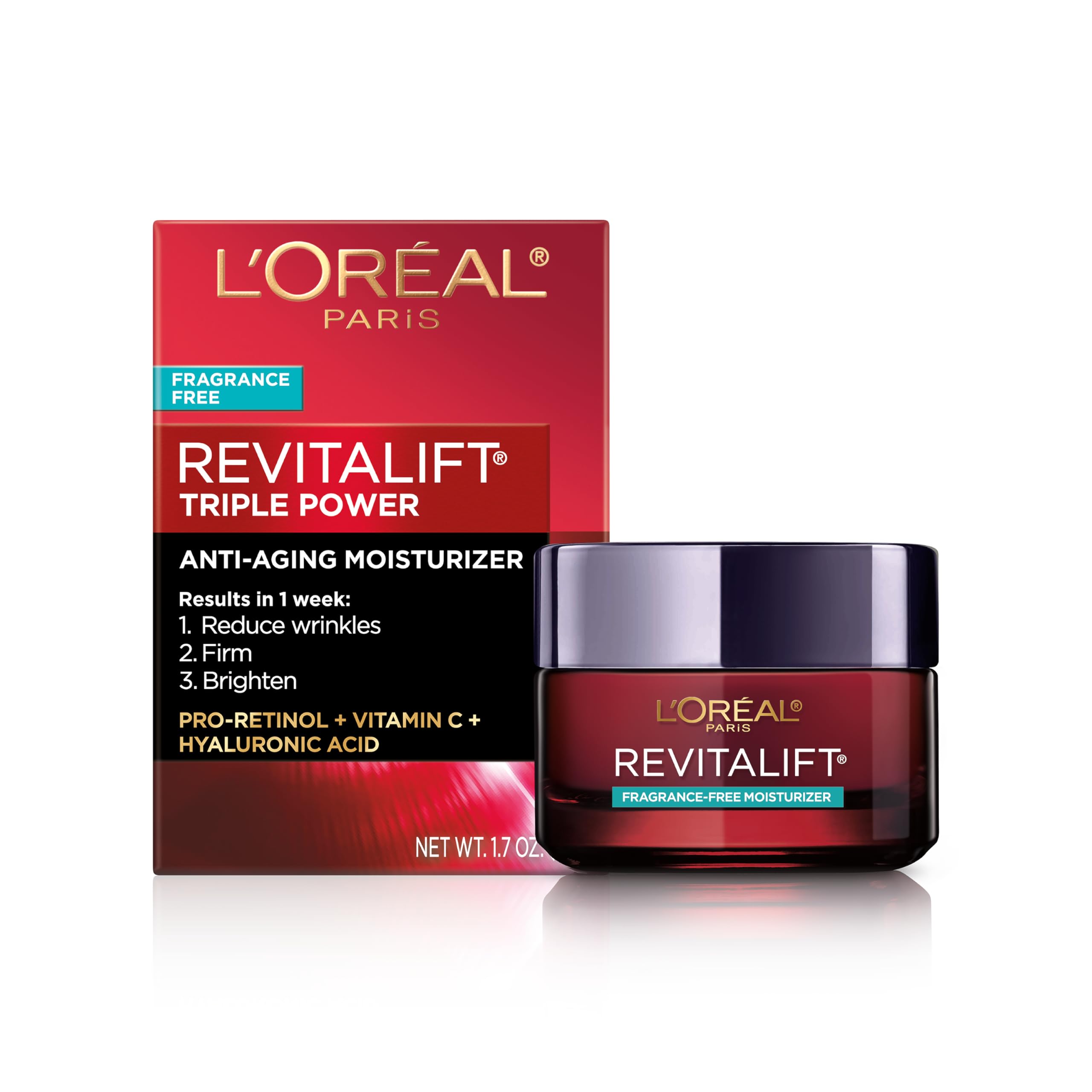 L'Oreal Paris Revitalift Triple Power Anti-Aging Face Moisturizer, Pro Retinol, Hyaluronic Acid & Vitamin C to Reduce Wrinkles, Firm & Brighten Skin, 2.55 Oz