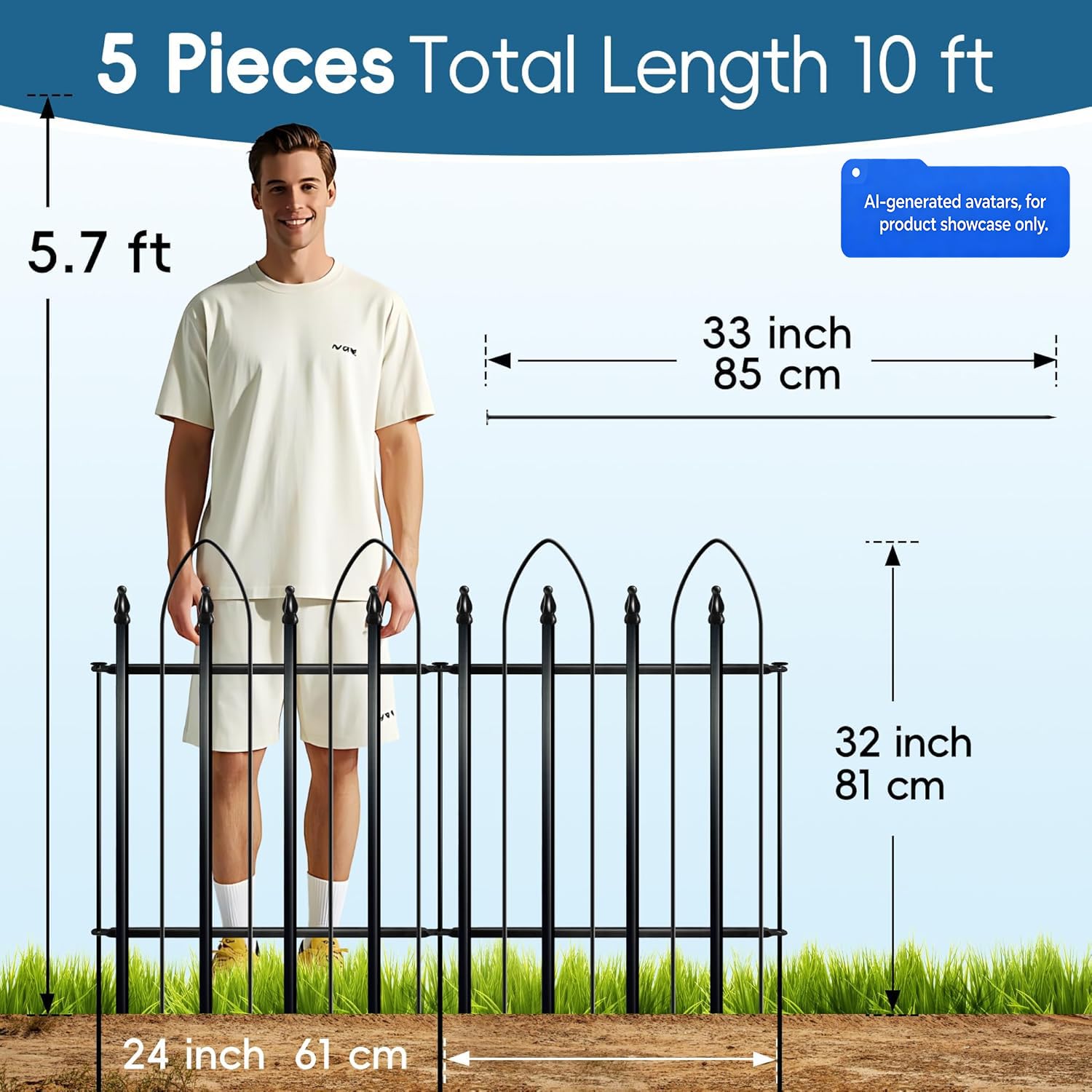 Thealyn Garden Fence 24" H x 24" W (5 Panels, Total 10 ft), Metal Fence Decorative Border Fence, Rustproof Landscape Fencing for Dog, Flower Bed, Yard, Patio, Animal Barrier